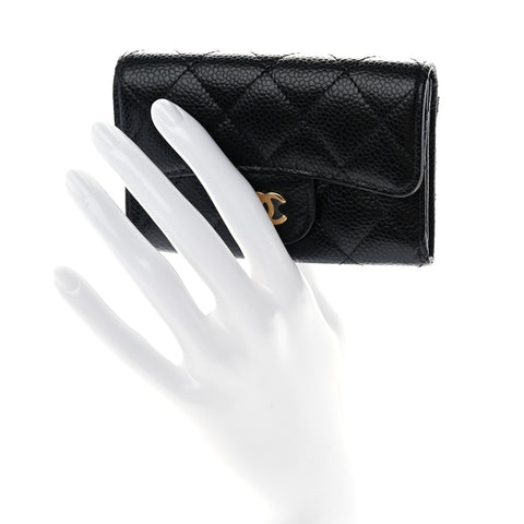 Caviar Quilted Flap Card Holder Wallet Black