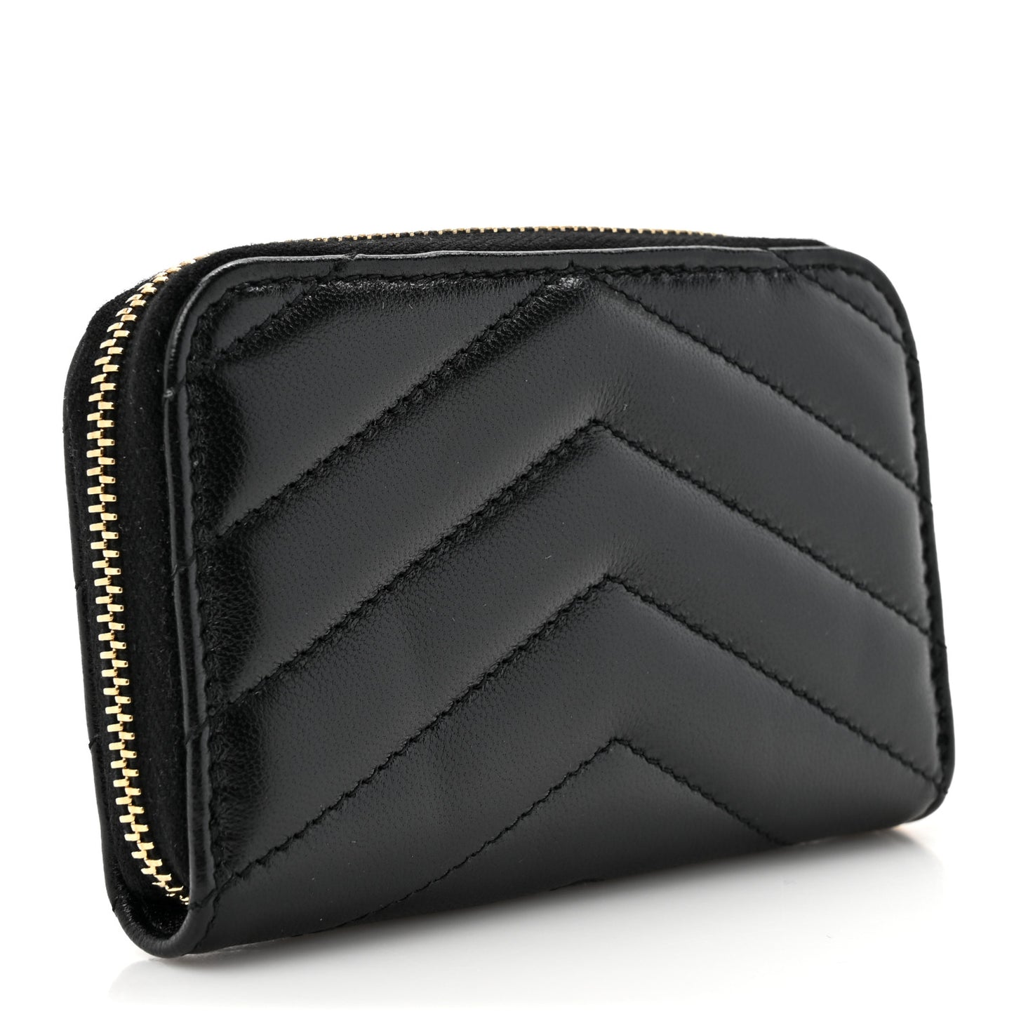 Lambskin Matelasse Chevron Monogram Cassandre Compact Zip Around Card Wallet Black