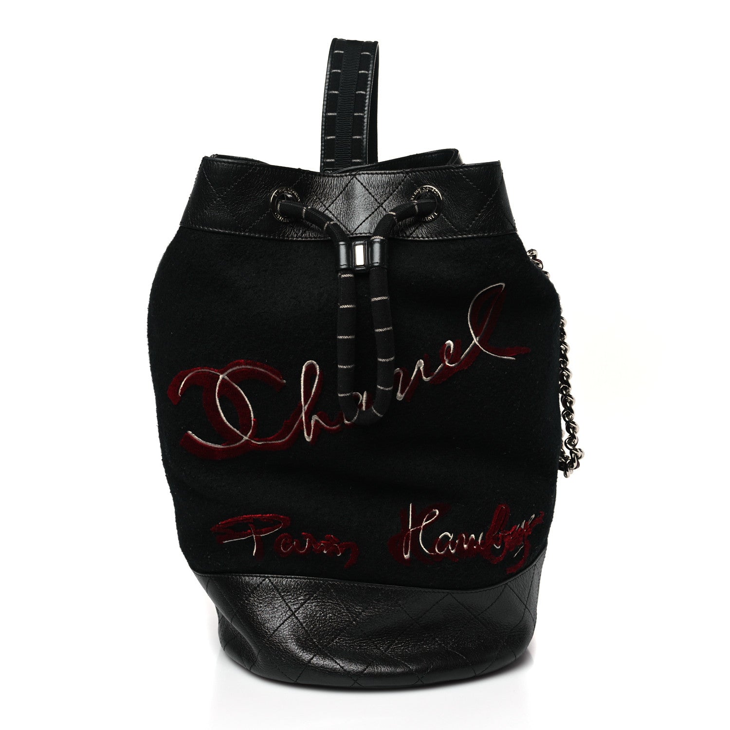 Chanel Wool Calfskin Embroidered Paris Hamburg Drawstring Backpack Black 1 of 8