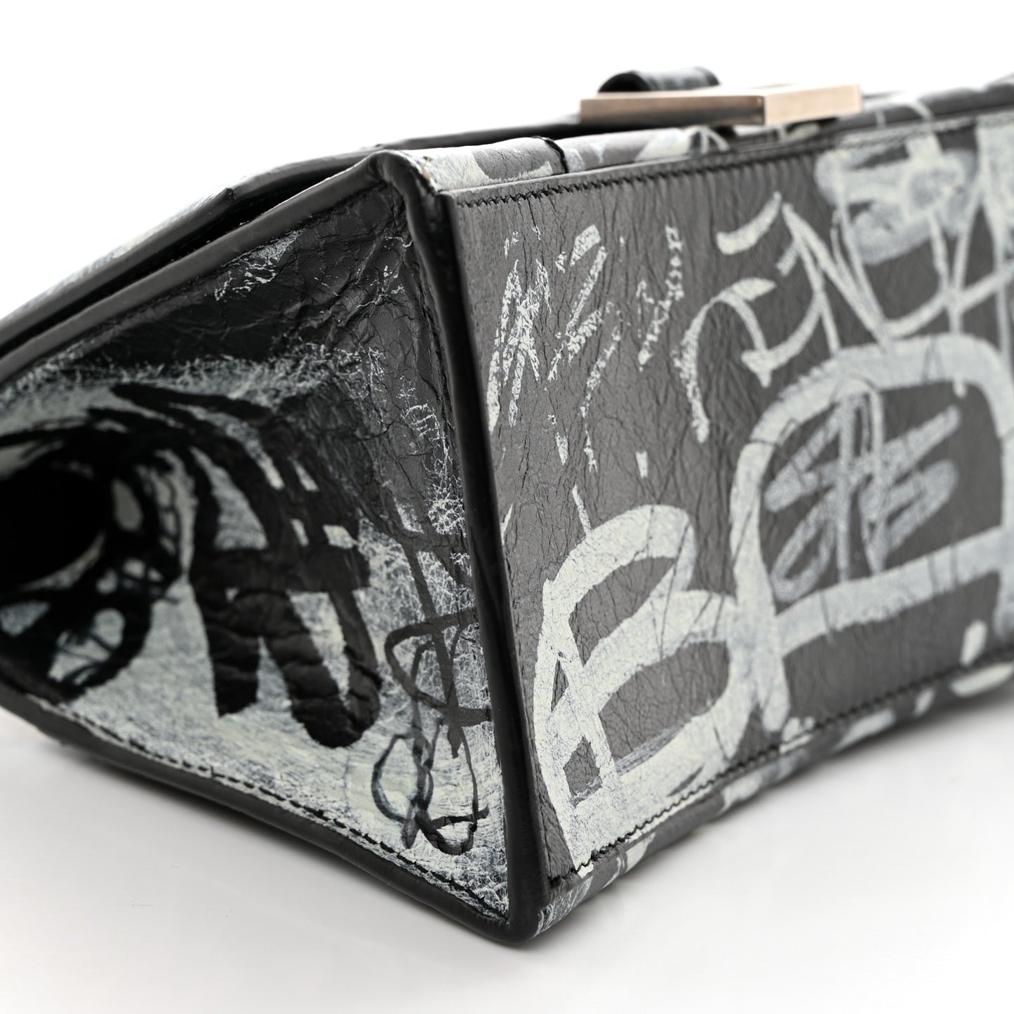 Agneau Graffiti Logo Small Hourglass Top Handle Bag Black
