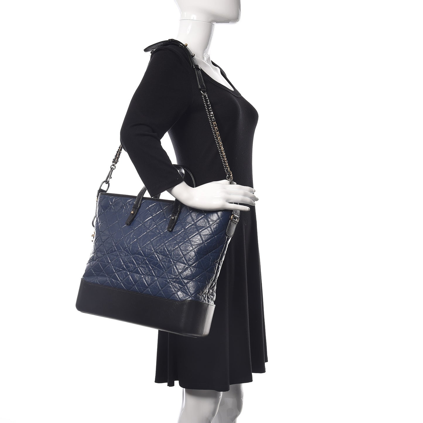 Aged Calfskin Quilted Large Gabrielle Shopping Tote Navy Black
