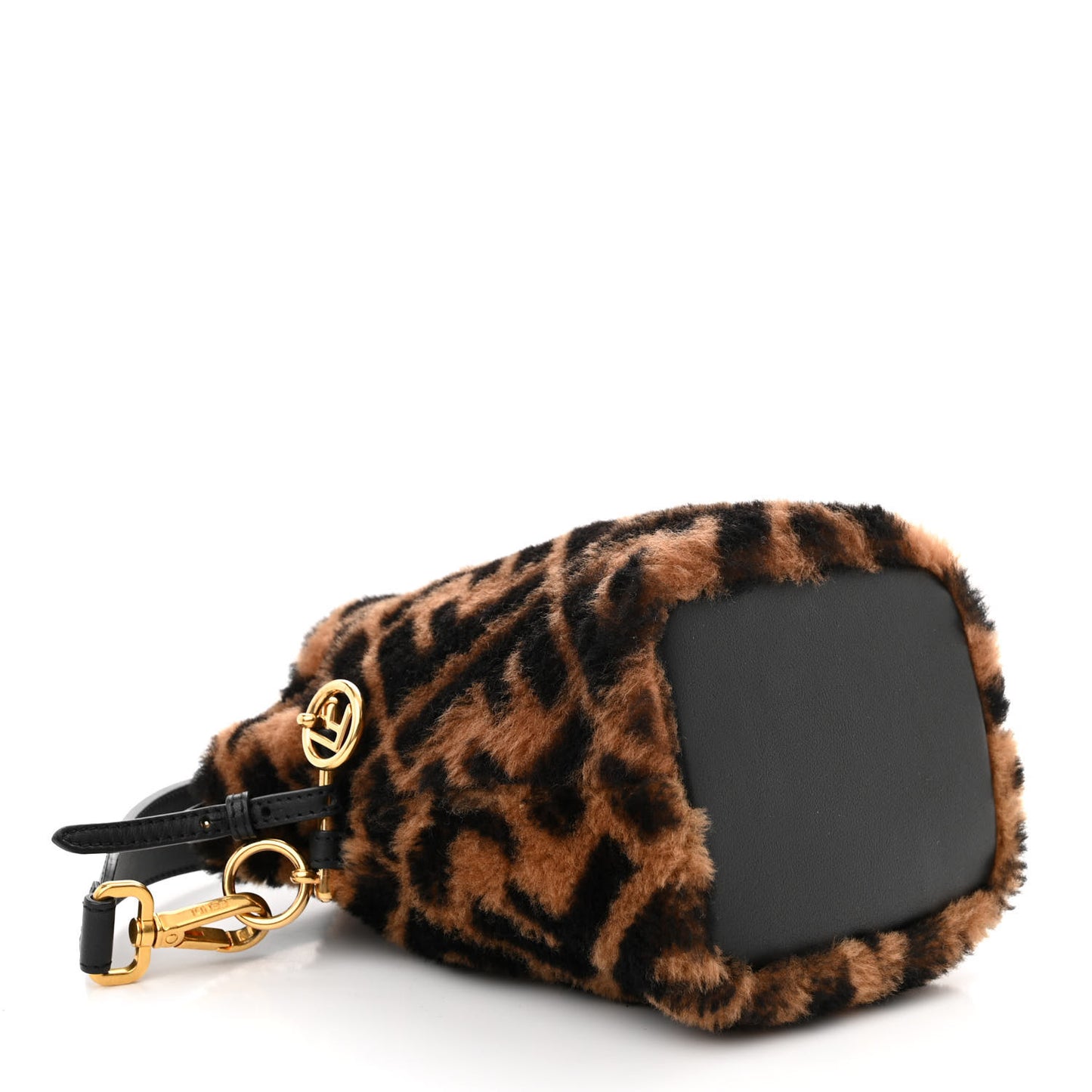 Shearling Vitello Dolce F is Fendi Macro FF 1974 Mini Mon Tresor Bucket Bag Tobacco Black