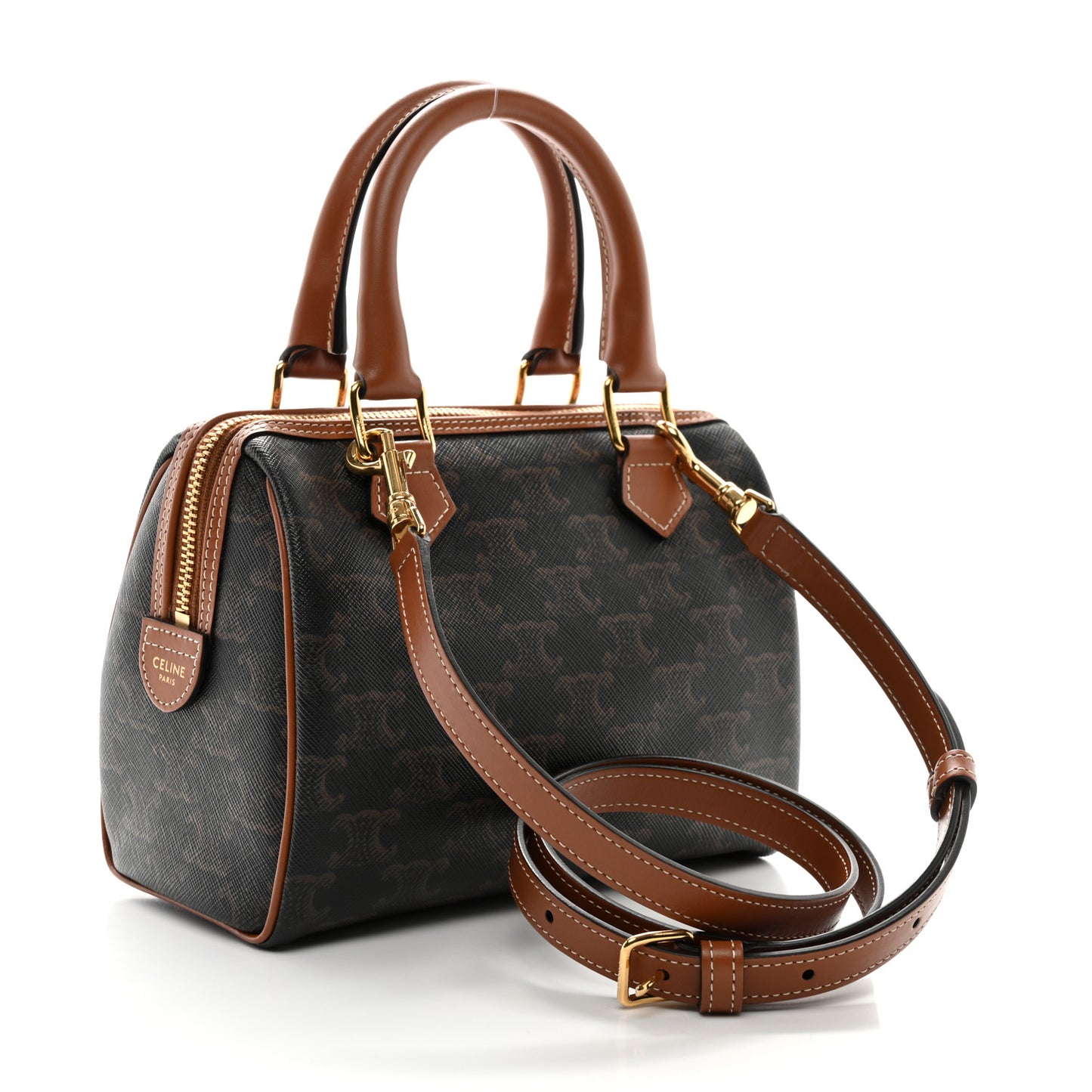 Triomphe Canvas Calfskin Small Boston Bag Tan