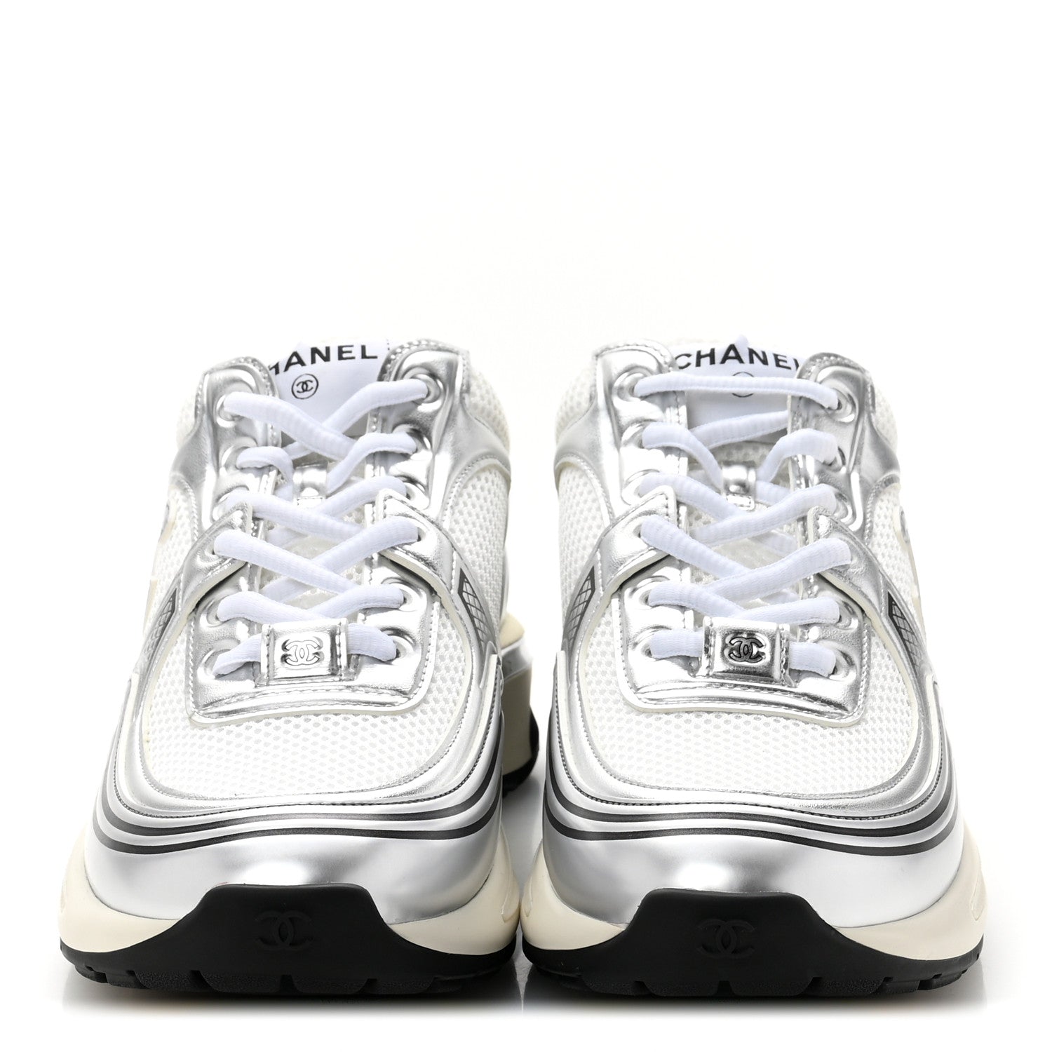 Chanel Fabric Laminated Calfskin Stretch CC Sneakers 39.5 White Silver 3 of 10