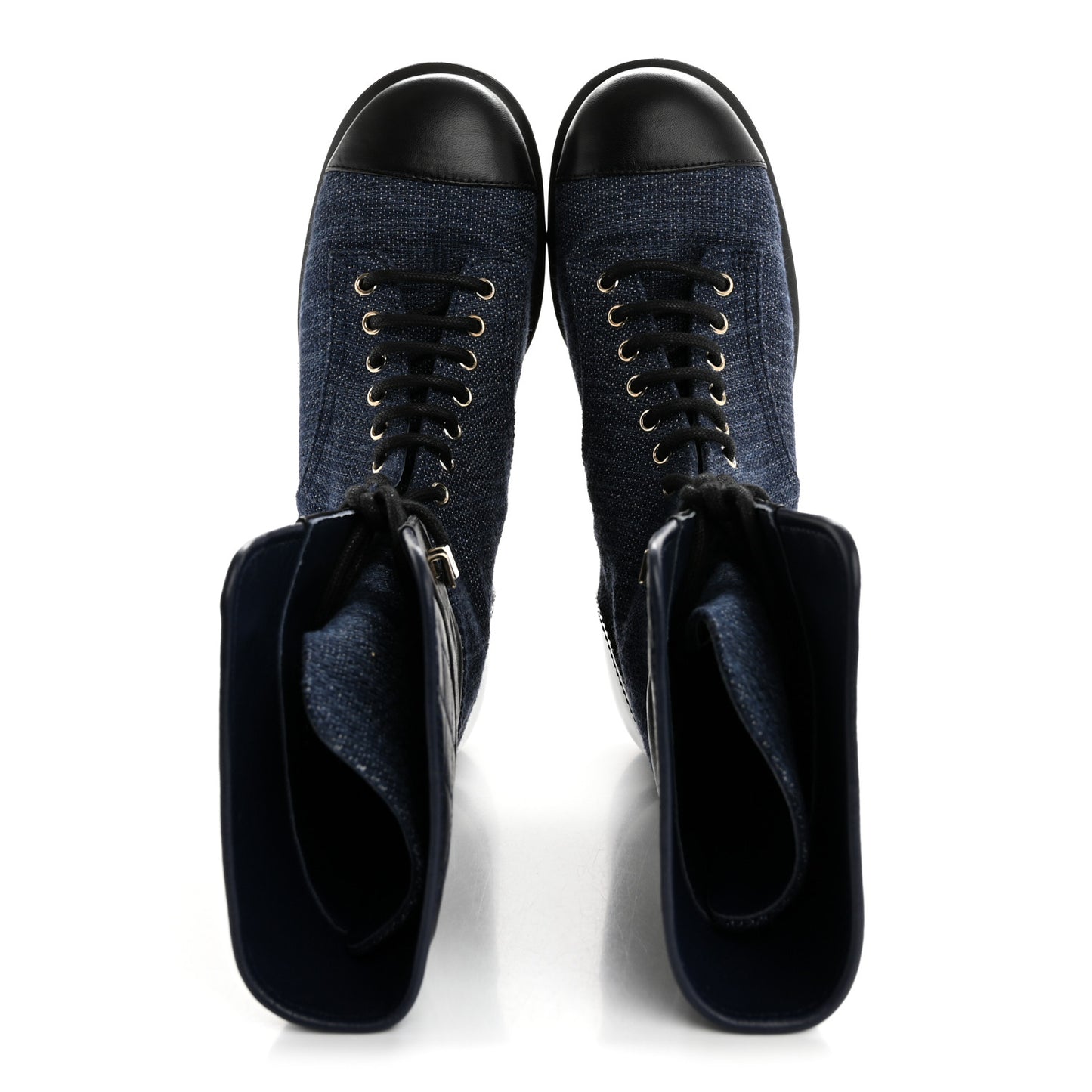 Denim Patent Lambskin Quilted CC Lace Up Combat Boots 38 Blue Black