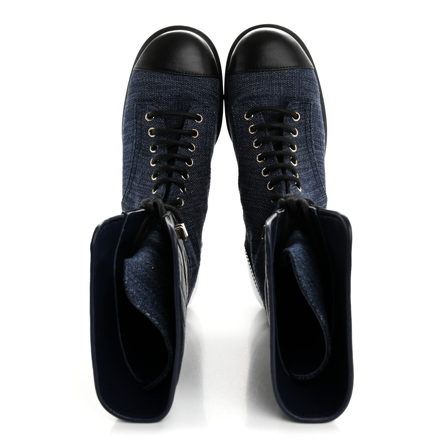 Chanel Denim Patent Lambskin Quilted CC Lace Up Combat Boots 38 Blue Black 2 of 10