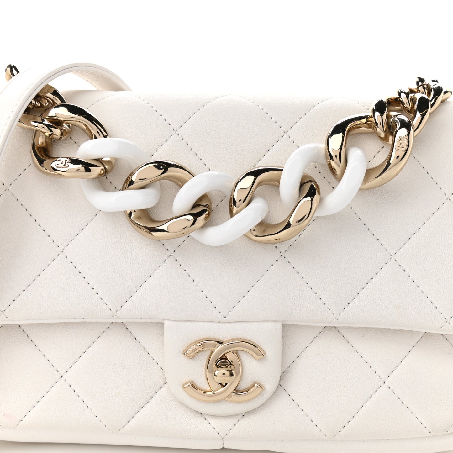 Lambskin Quilted Resin Bi-Color Chain Flap Bag White