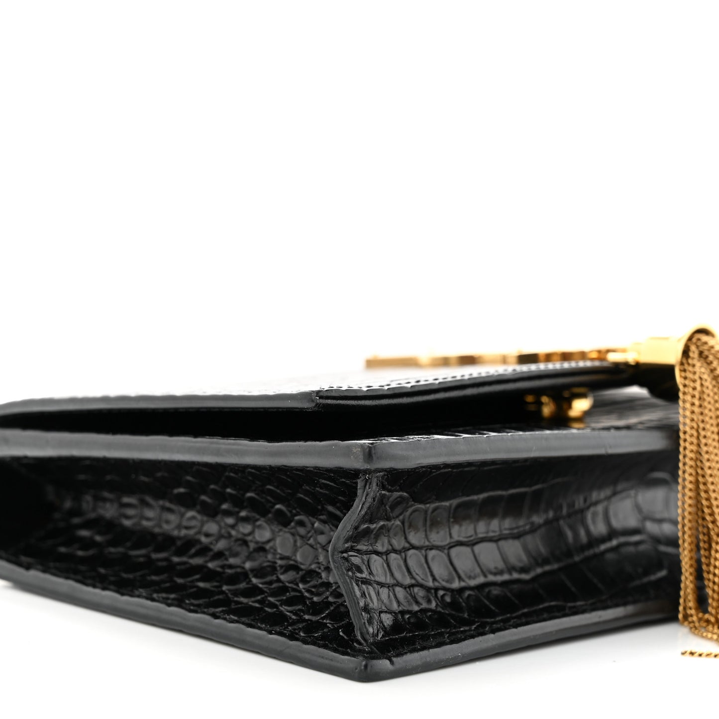 SAINT LAURENT Calfskin Crocodile Embossed Kate Monogram Tassel Chain Wallet Black