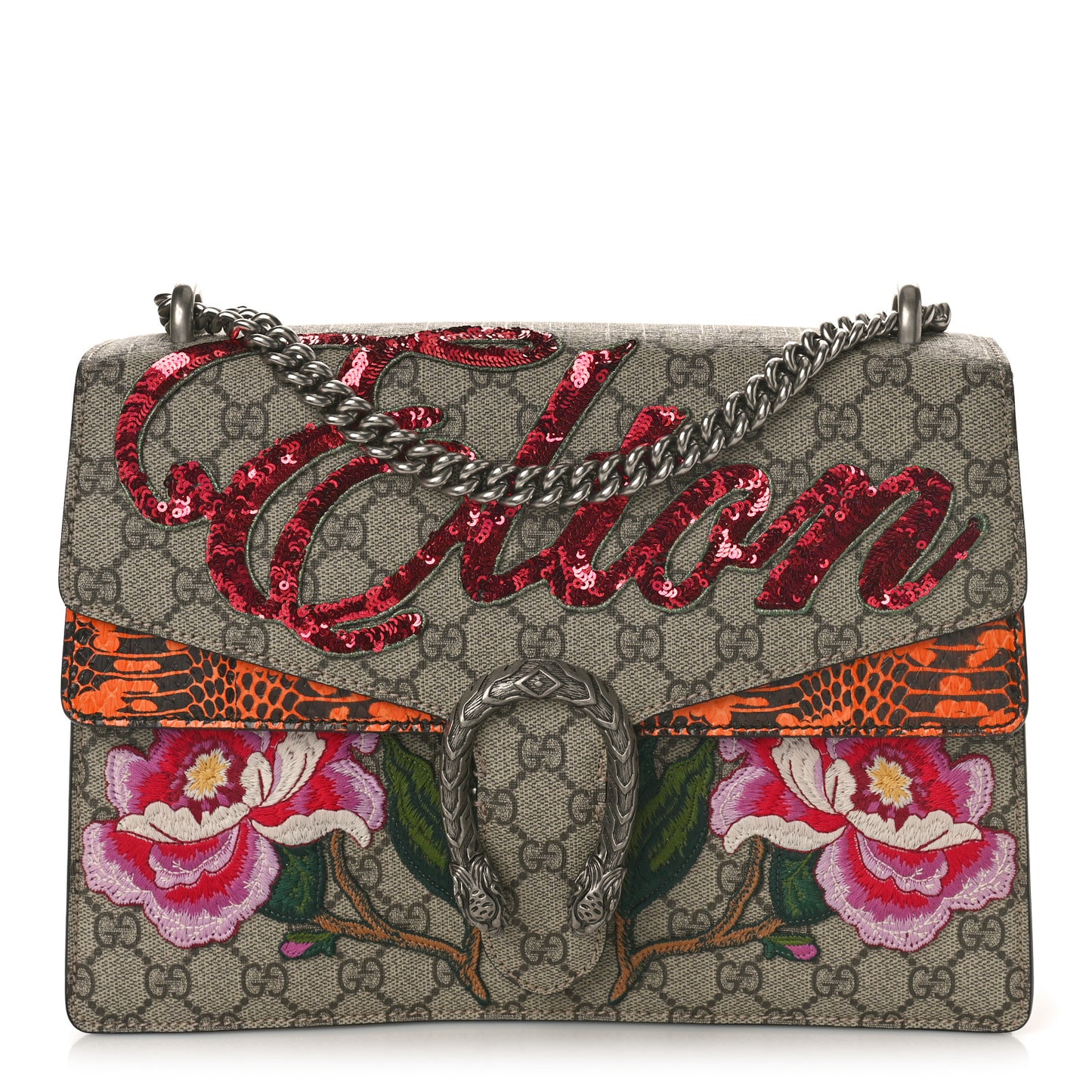GG Supreme Monogram Snakeskin Elton Embroidered Medium Dionysus Shoulder Bag Beige Orange