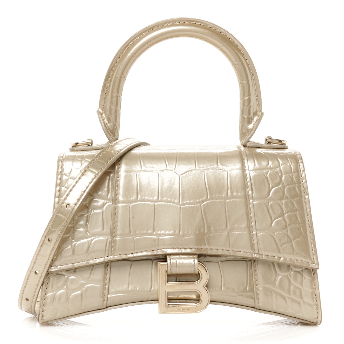Metallic Shiny Calfskin Crocodile Embossed Hourglass Top Handle Bag XS Light Gold