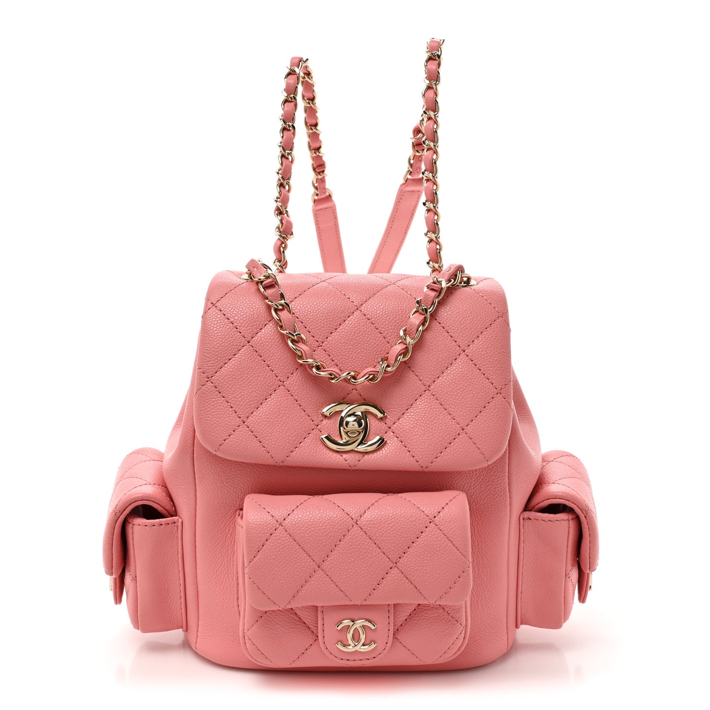 Shiny Caviar Quilted Small Pockets Drawstring Backpack Pink