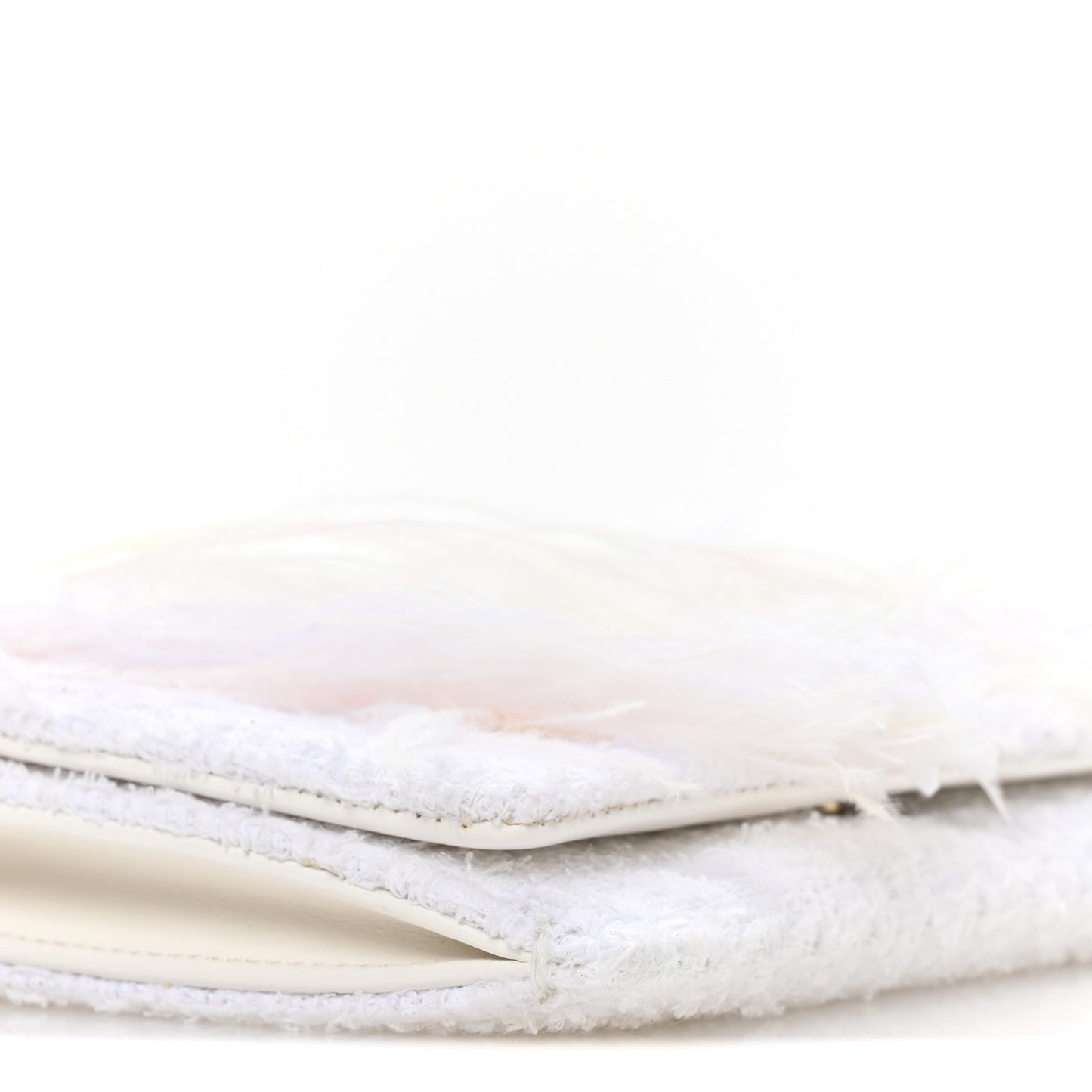 Tweed Embroidered Feathers Pearl Crystal Clutch White