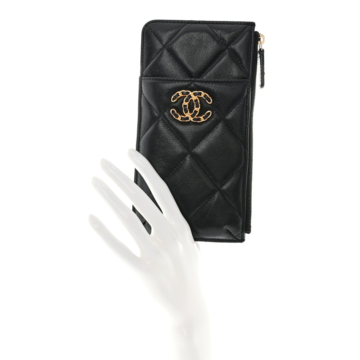 Shiny Goatskin Quilted Chanel 19 Phone and Card Holder Black