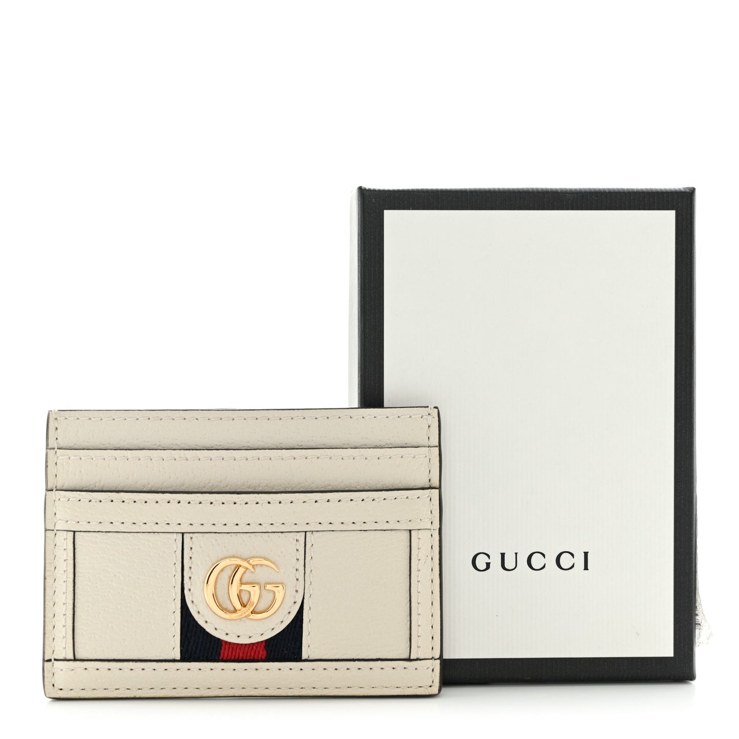 Textured Calfskin Web Ophidia Card Holder Mystic White