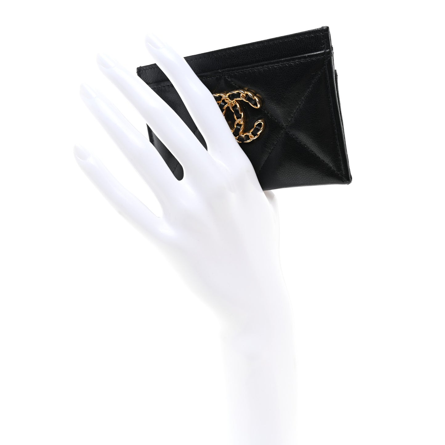 Shiny Goatskin Quilted Chanel 19 Card Holder Black