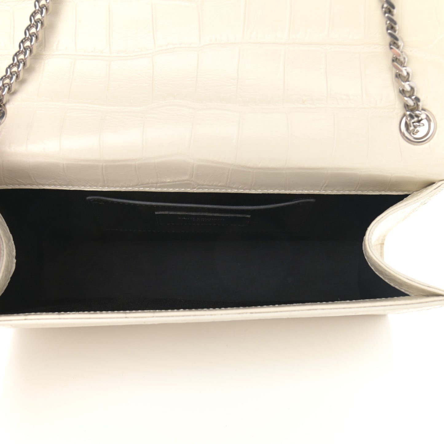 Calfskin Crocodile Embossed Medium Classic Monogram Kate Tassel Satchel Crema Soft