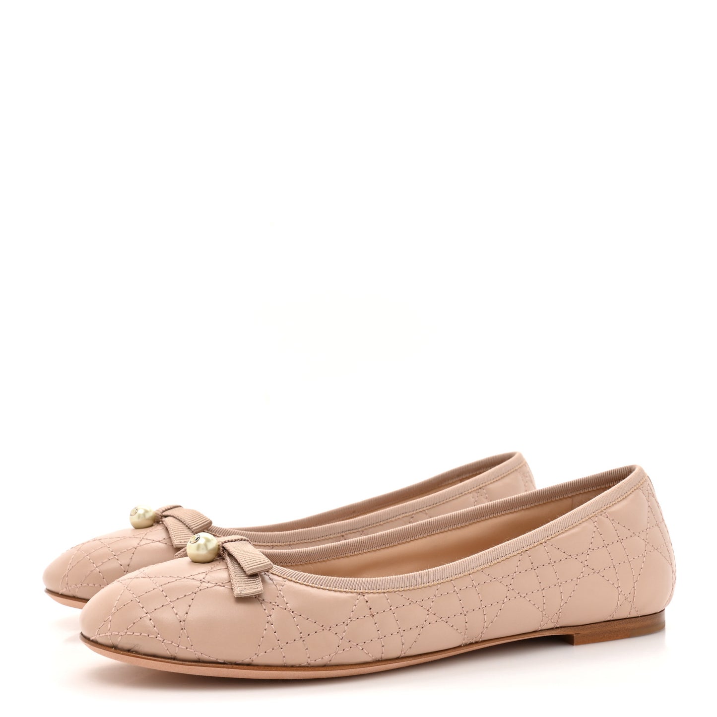 Calfskin Cannage Pearl Bow Ballet Flats 39 Nude