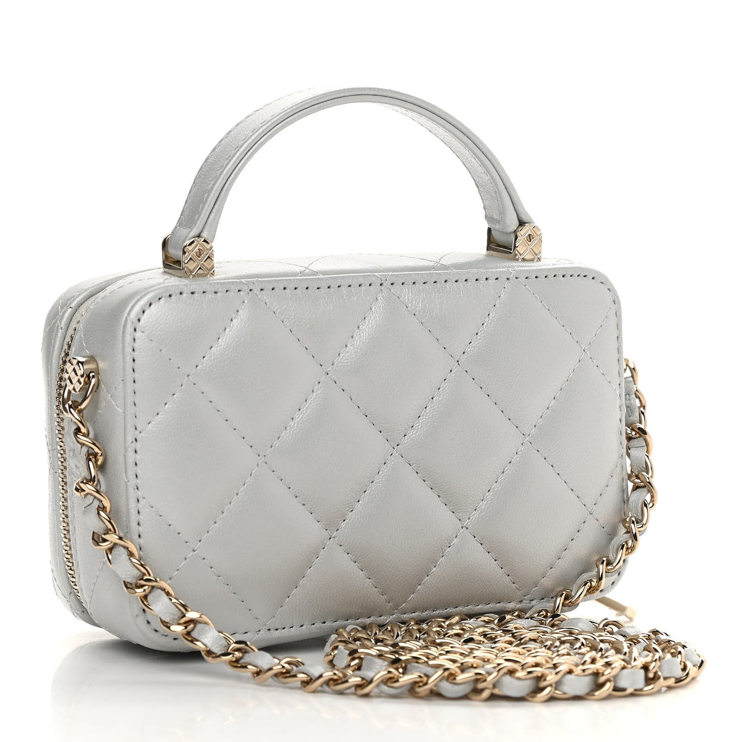 Metallic Lambskin Quilted Top Handle Vanity Case Silver