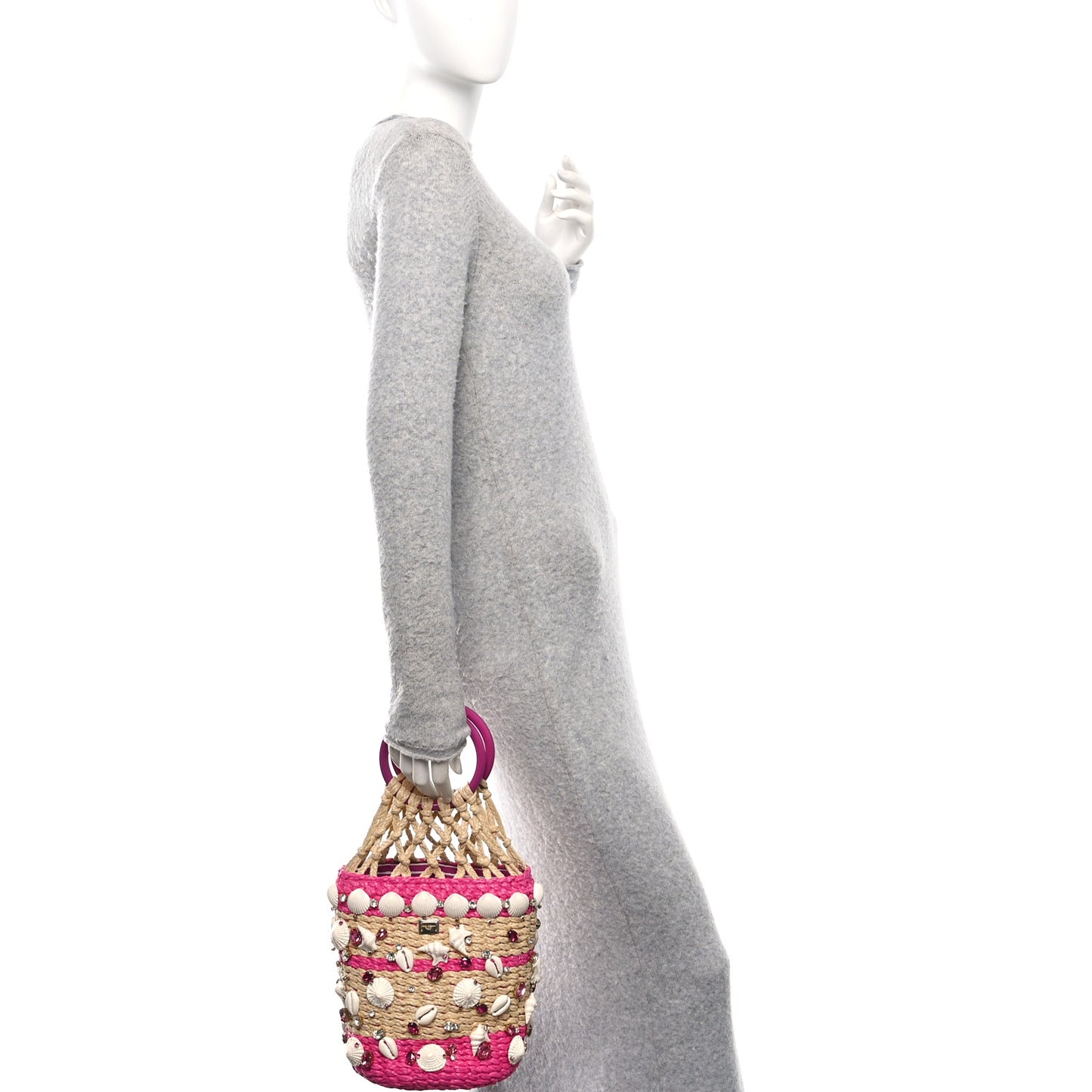 Raffia Crystal Seashell Bucket Bag Natural Pink