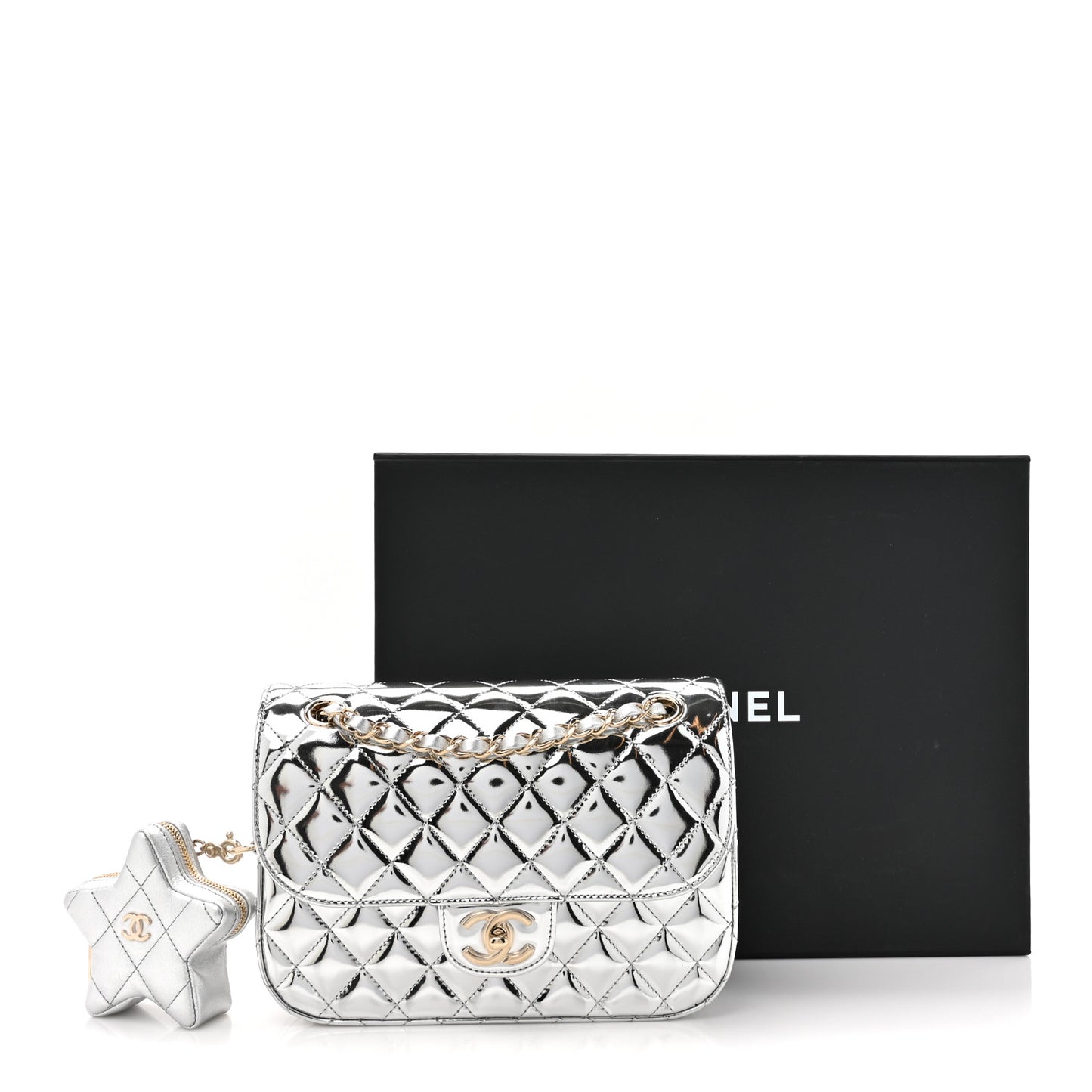 Mirror Calfskin Metallic Calfskin Medium Hollywood Boulevard Flap With Star Coin Purse Silvery