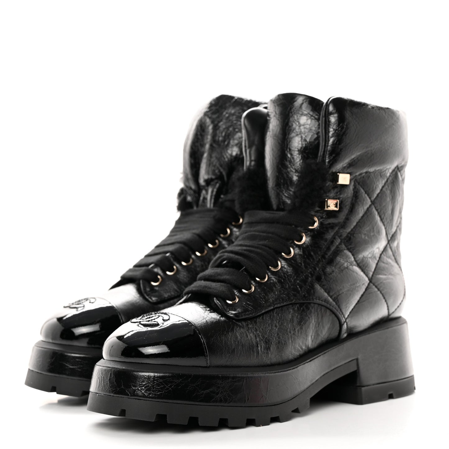 Crumpled Patent Lambskin Calfskin Quilted Lace Up Combat Boots 37.5 Black
