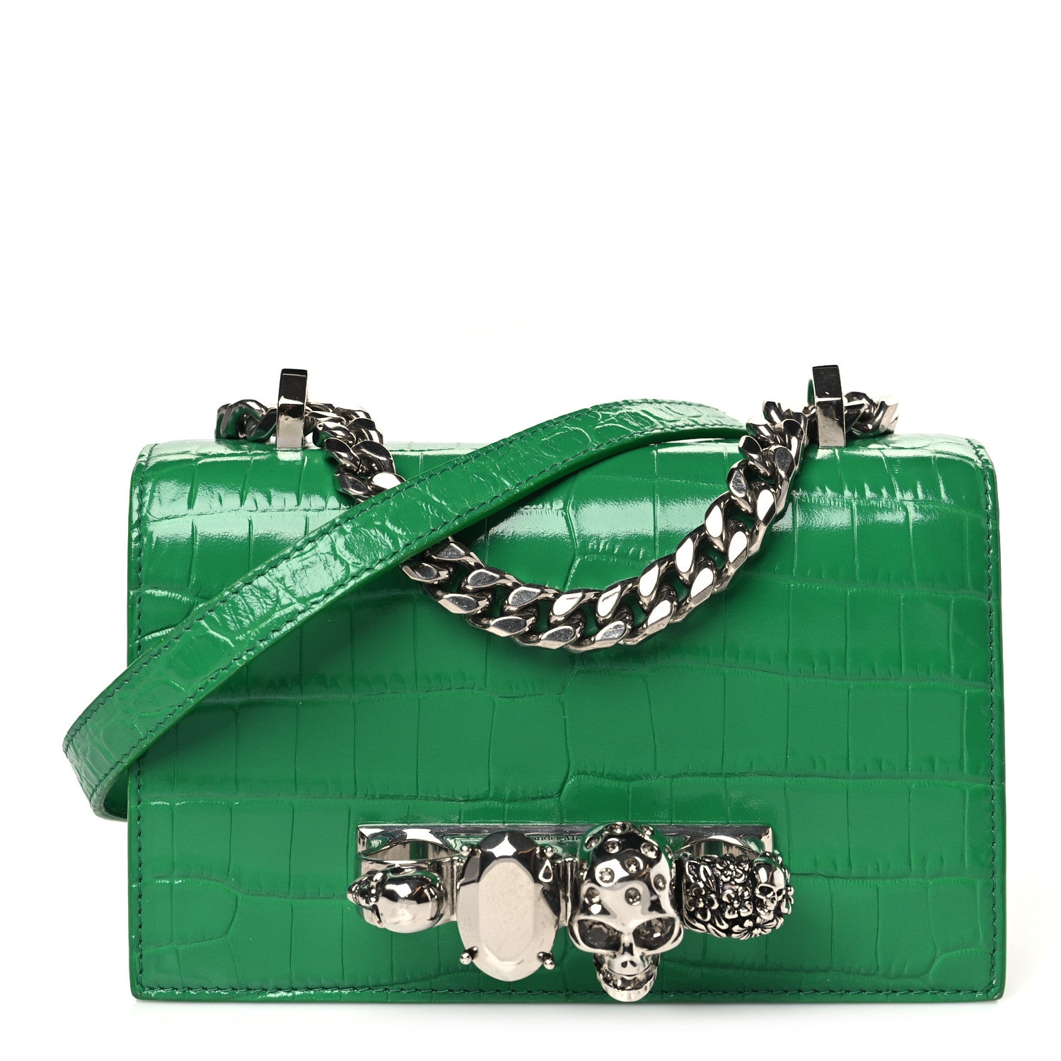 Alexander McQueen Calfskin Crocodile Embossed Knuckle Shoulder Bag Green 1 of 8