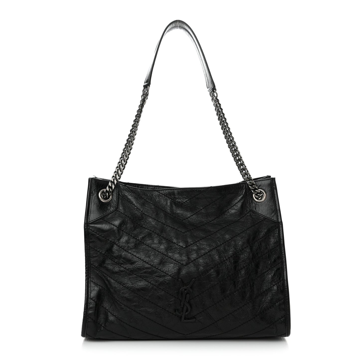 Crinkled Calfskin Matelasse Monogram Medium Niki Shopper Tote Black