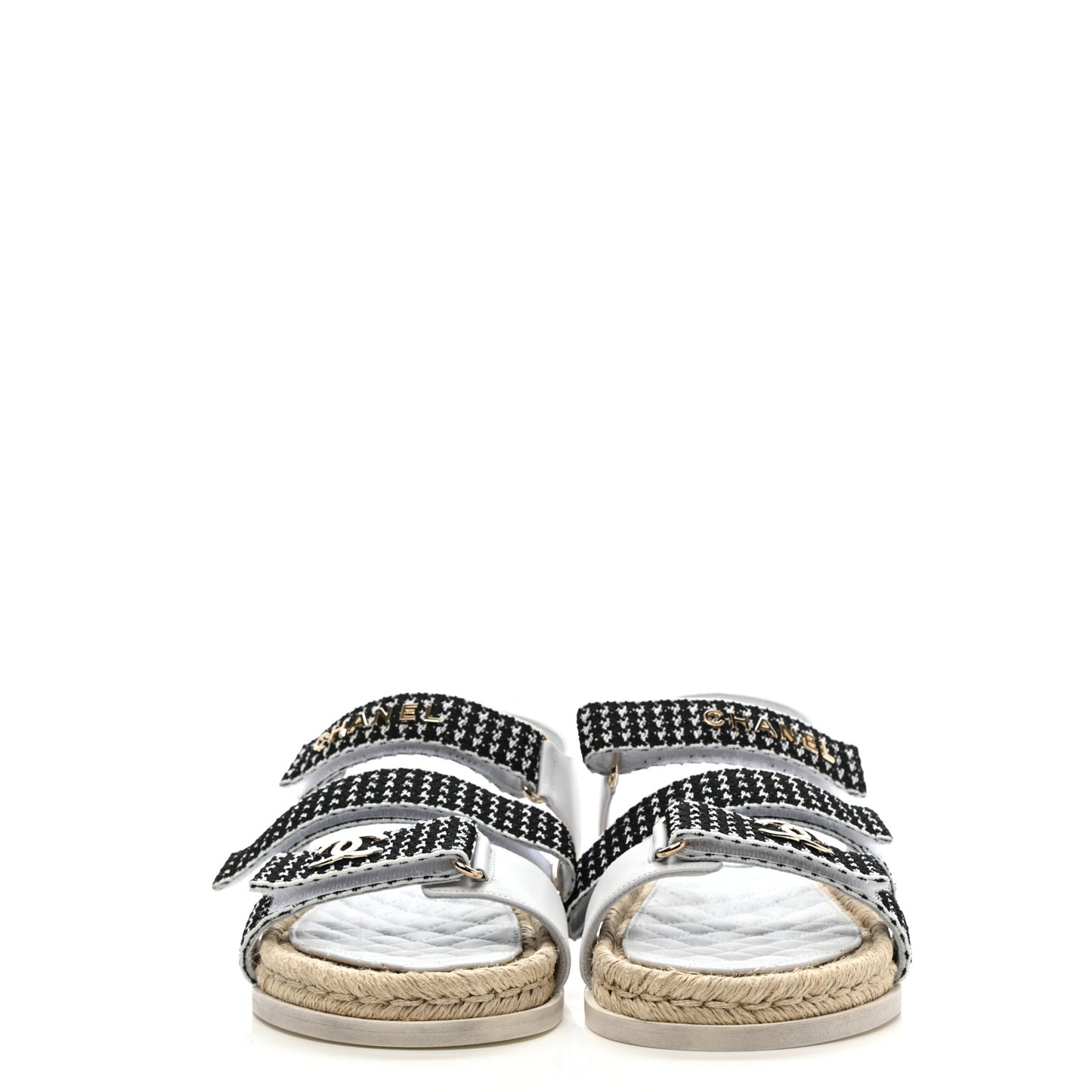 Stretch Fabric Lambskin CC Flat Sandals 39 White Black