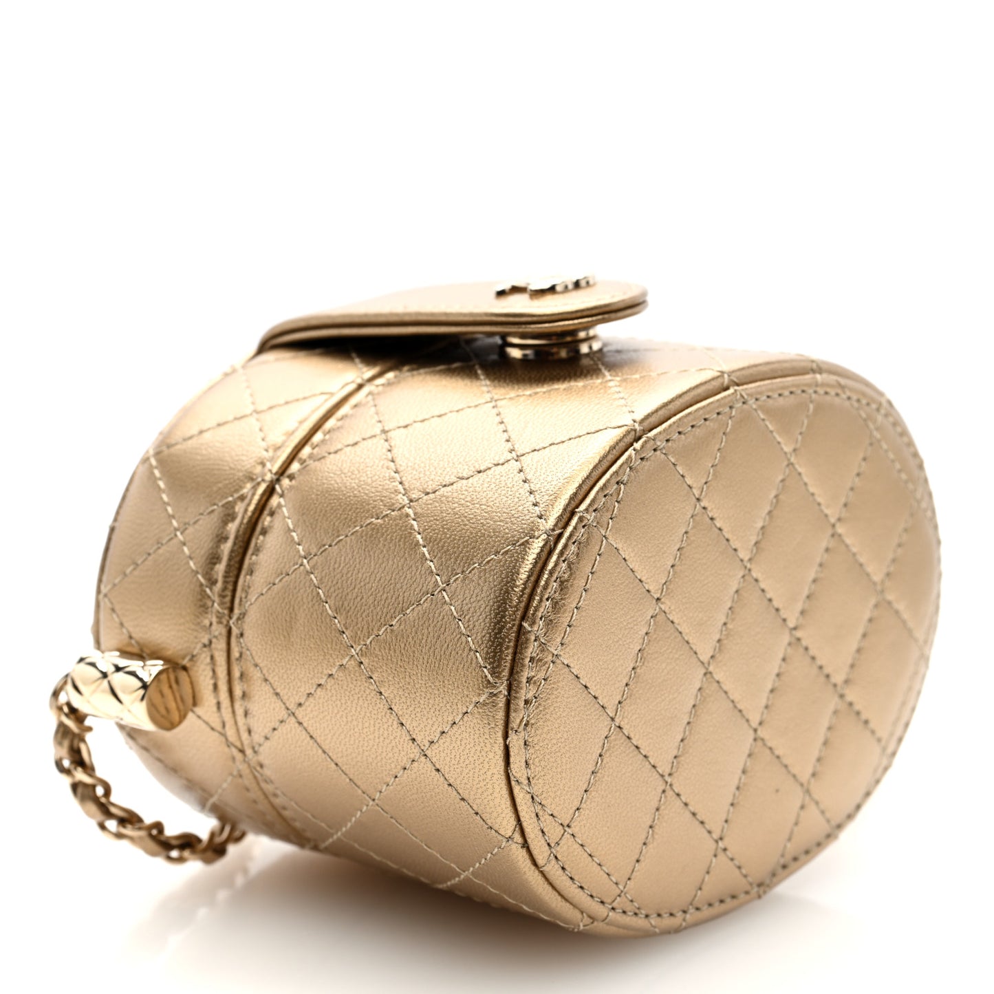 Metallic Lambskin Quilted Round Mini Vanity Case With Chain Gold