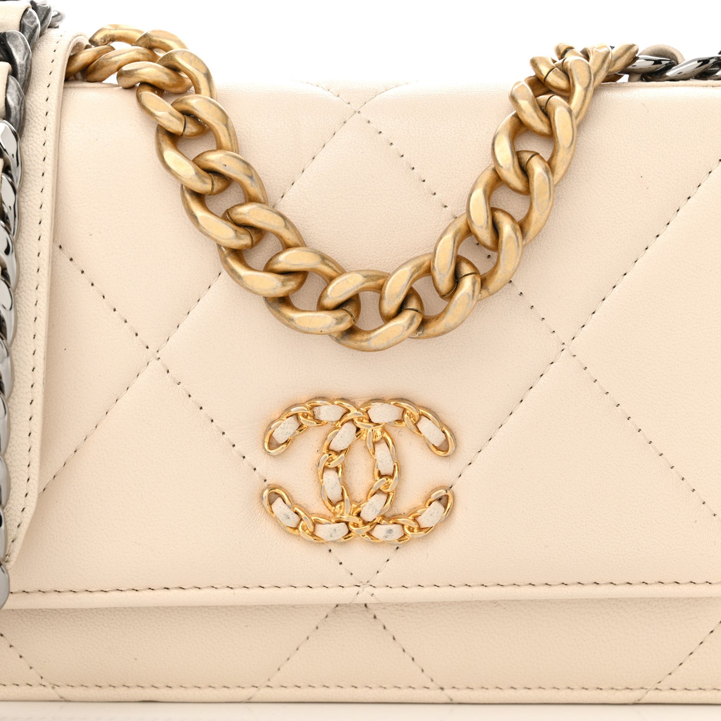 Lambskin Quilted Chanel 19 Wallet On Chain WOC Light Beige