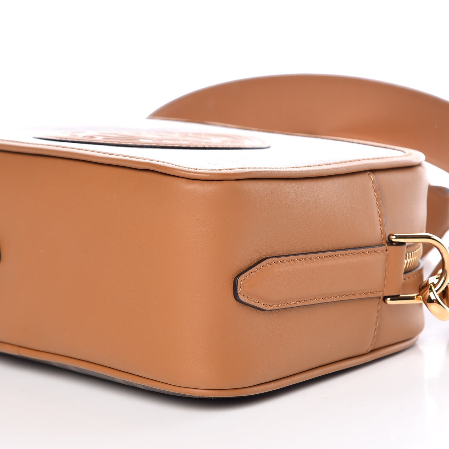 Glazed Fabric Vitello Century F is Fendi FF 1974 Stamp Patch Camera Case Mogano Panna Caramello