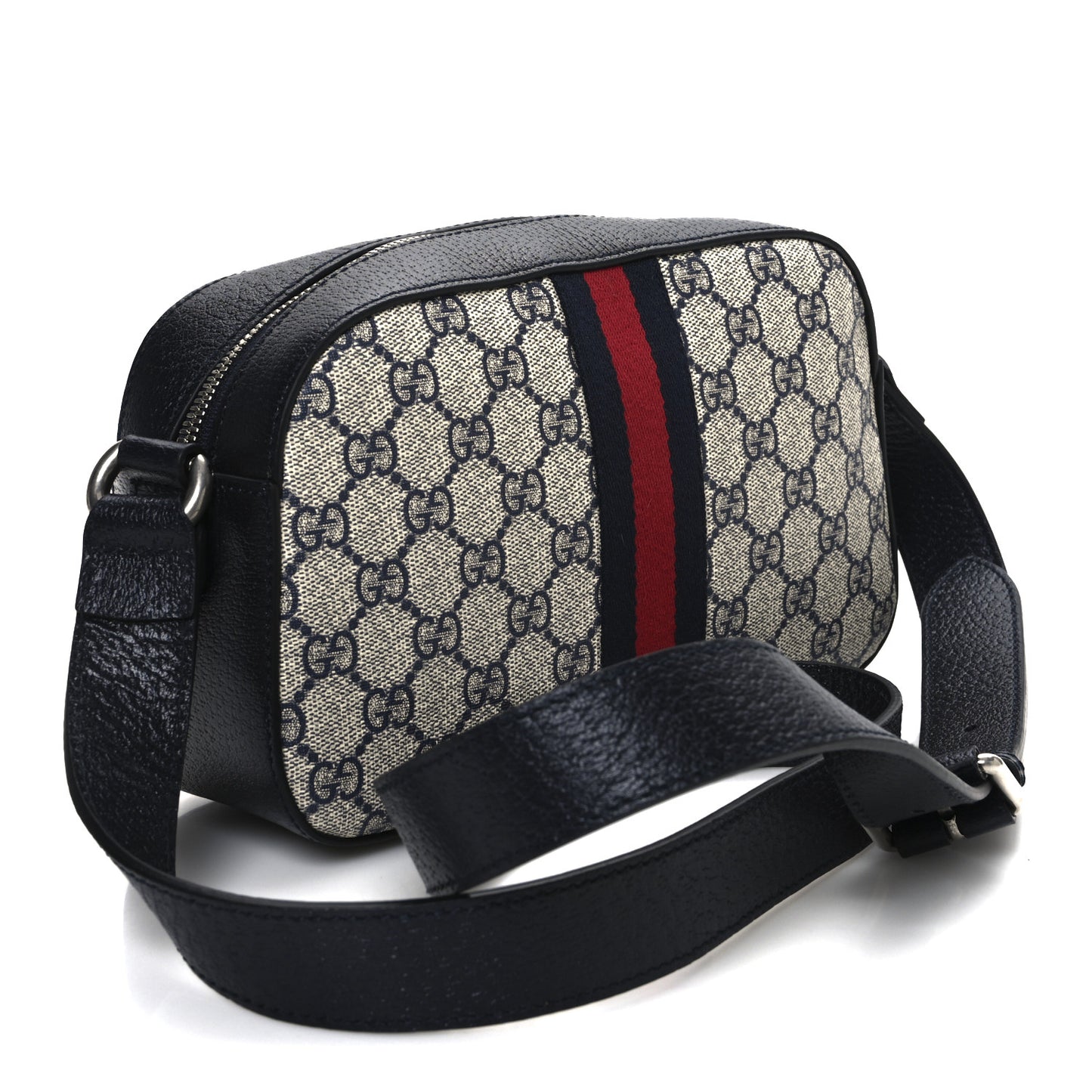 GG Supreme Monogram Textured Dollar Calfskin Web Small Ophidia Camera Bag Beige Blue