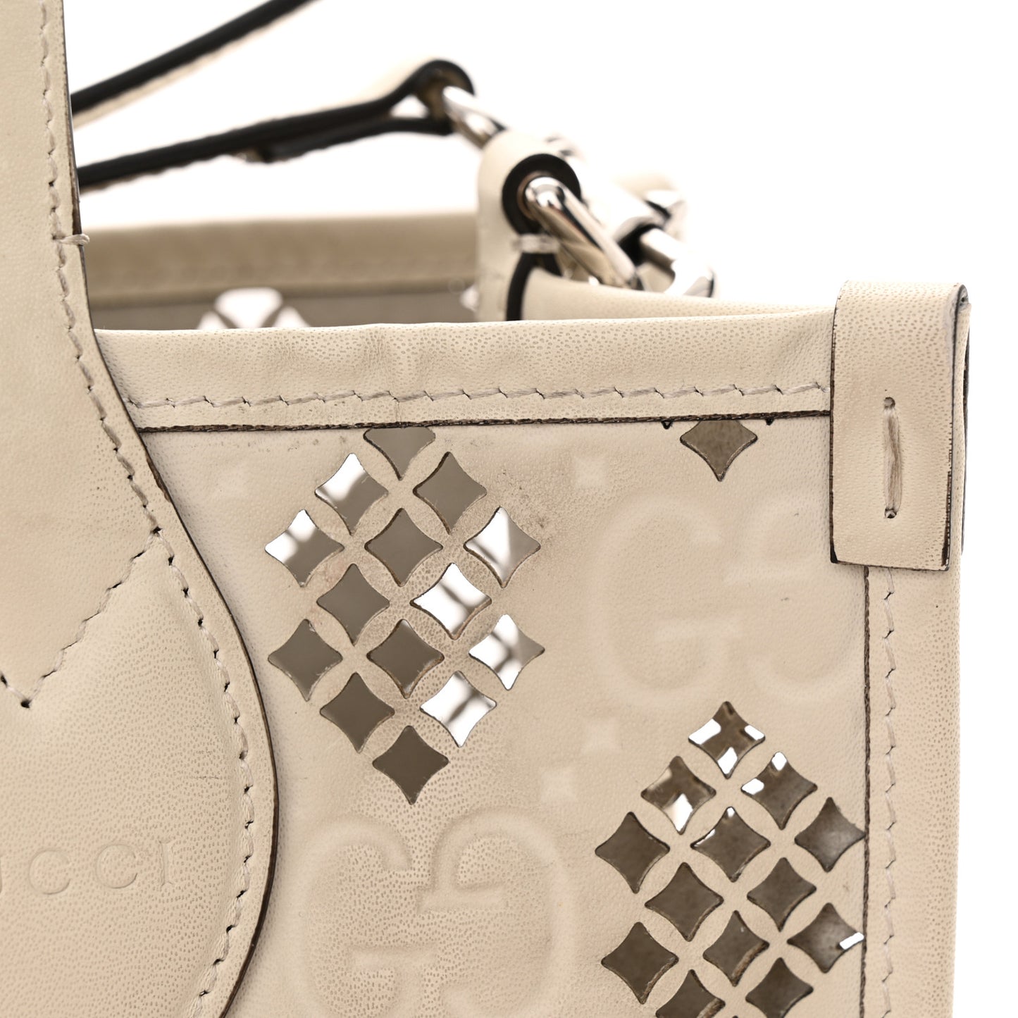 Calfskin GG Monogram Diamond Cut Small Ophidia Tote Bag Off White