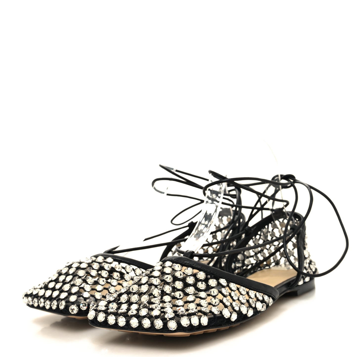 Mesh Nappa Crystal Embellished Sparkle Stretch Ankle Tie Flats 37 Black