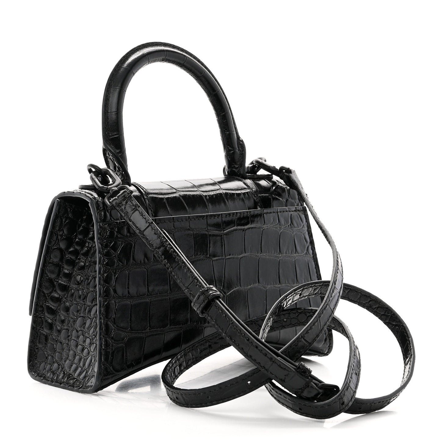 Shiny Calfskin Monochrome Crocodile Embossed Hourglass Top Handle Bag XS Black