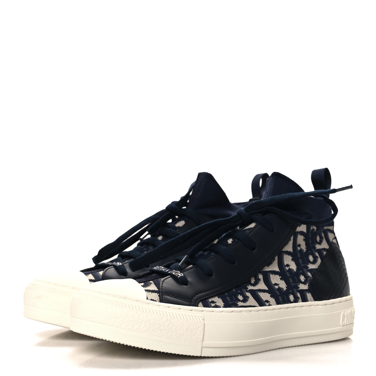 Technical Knit Calfskin Oblique Womens Walk'n Dior Mid Top Sneakers 37.5 Deep Blue