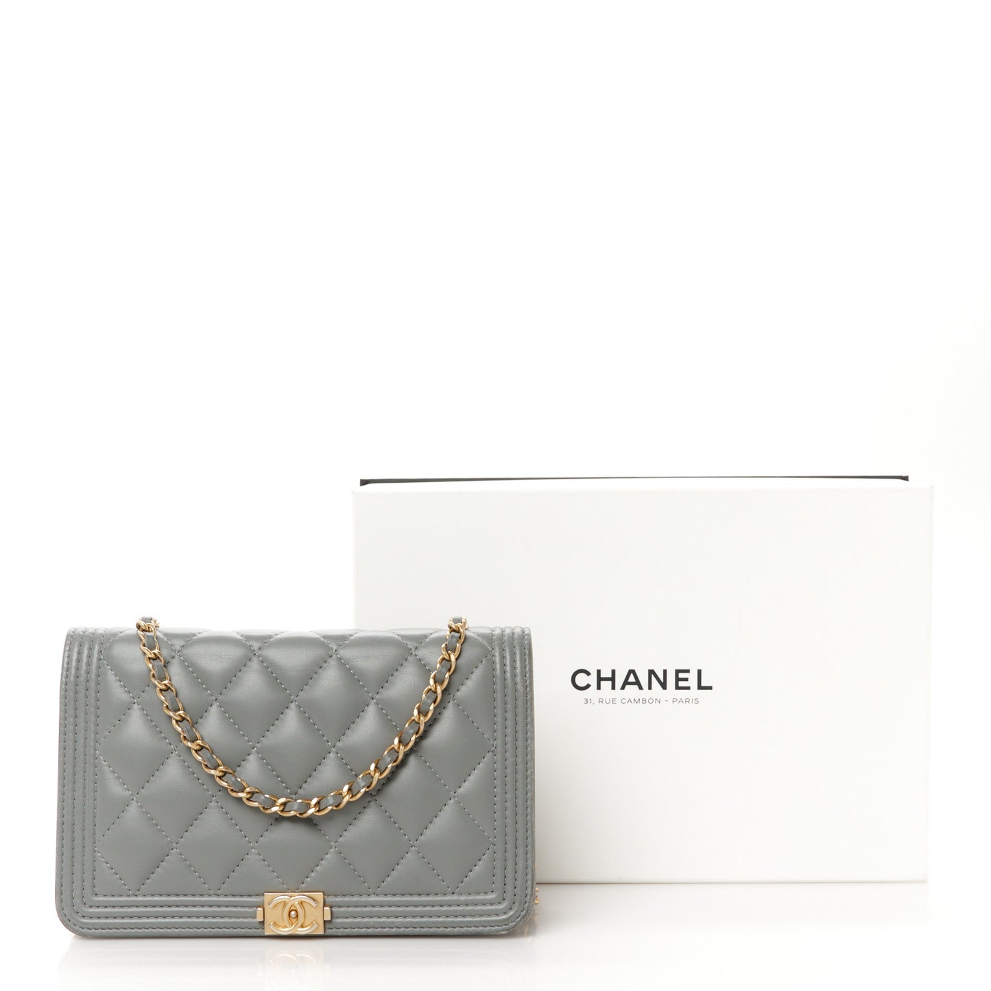Lambskin Quilted Boy Wallet On Chain WOC Grey