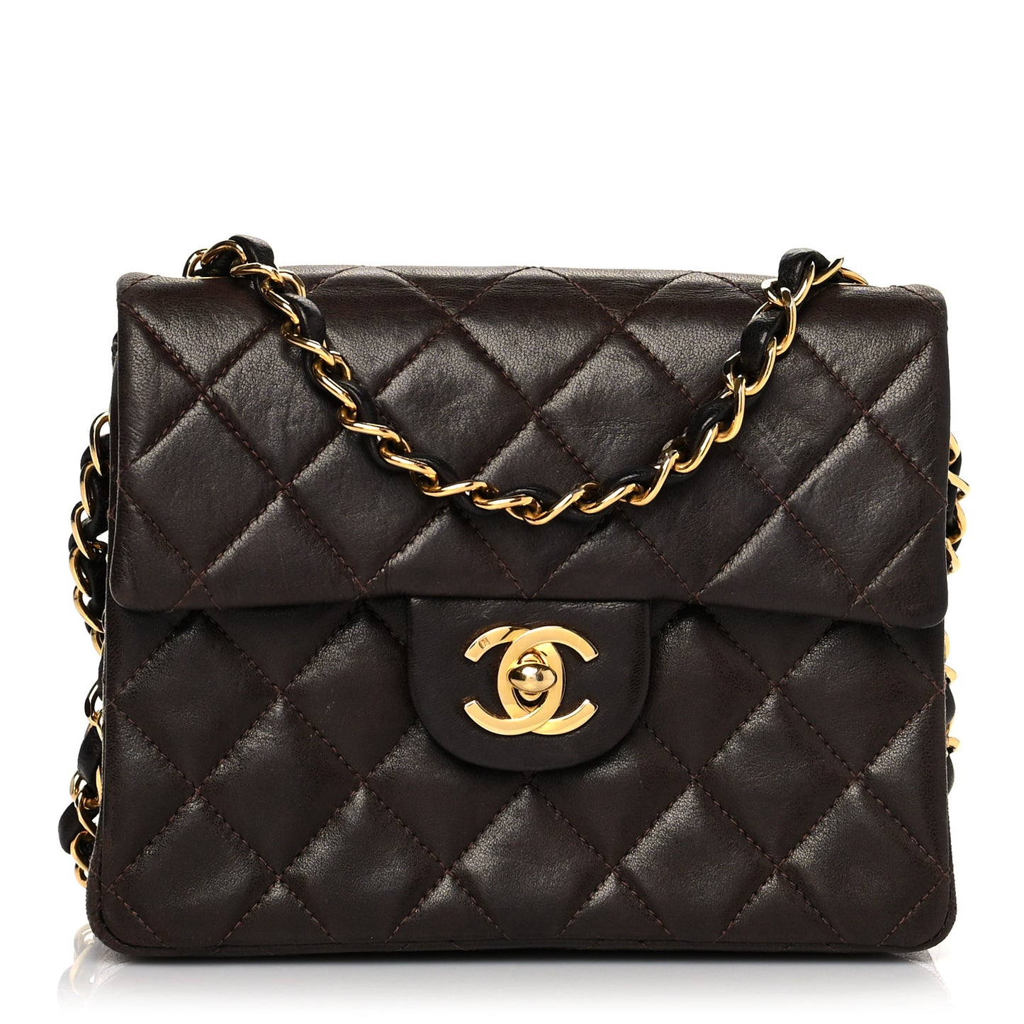 Lambskin Quilted Mini Square Flap Bag Dark Brown