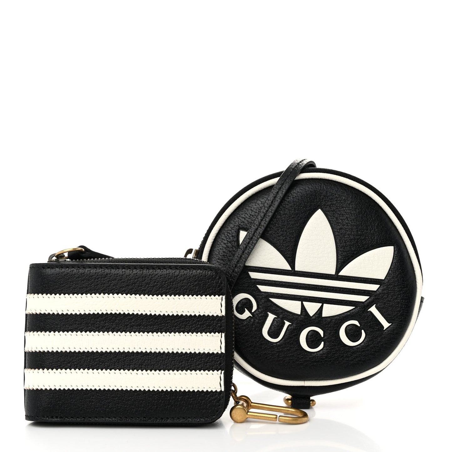 X ADIDAS Textured Dollar Calfskin Web Trefoil Mini Pouch Set Shoulder Bag Black Off White
