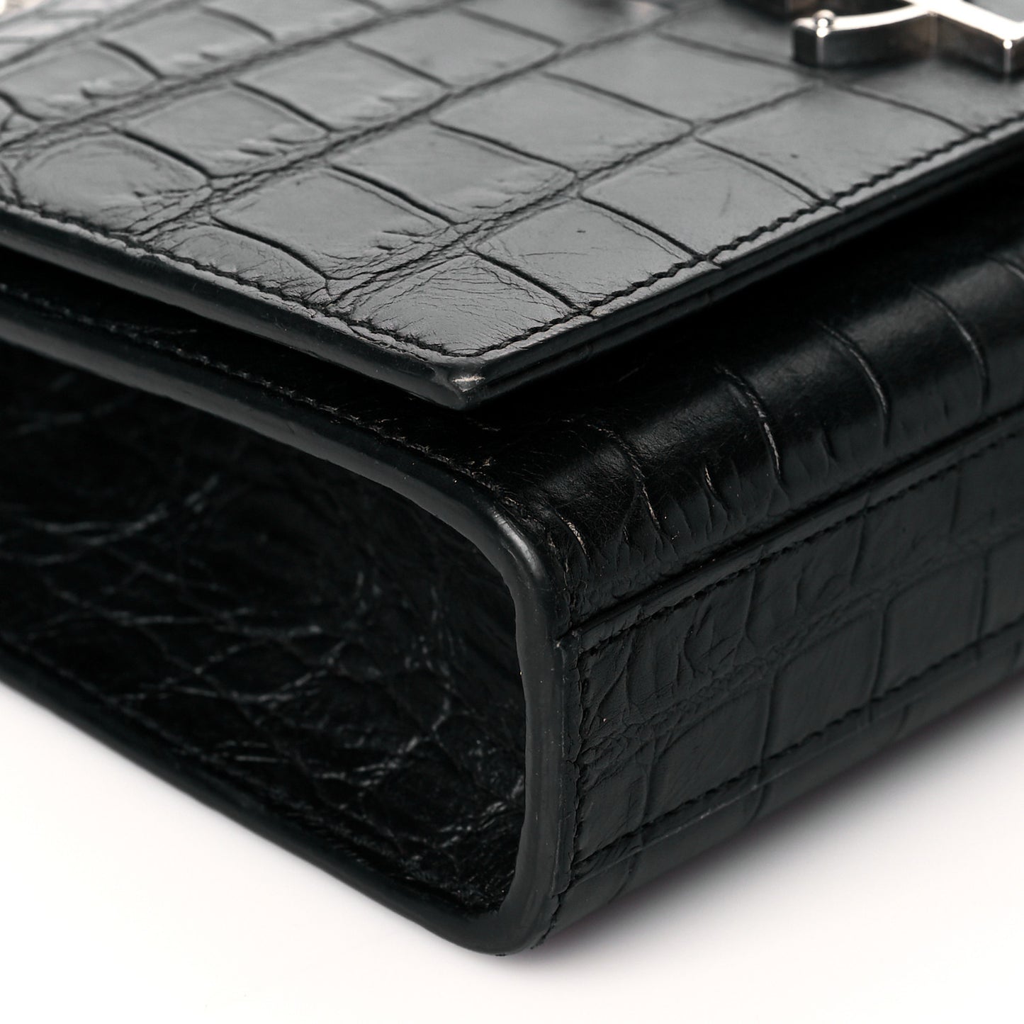 Calfskin Crocodile Embossed Monogram Small Kate Tassel Satchel Black