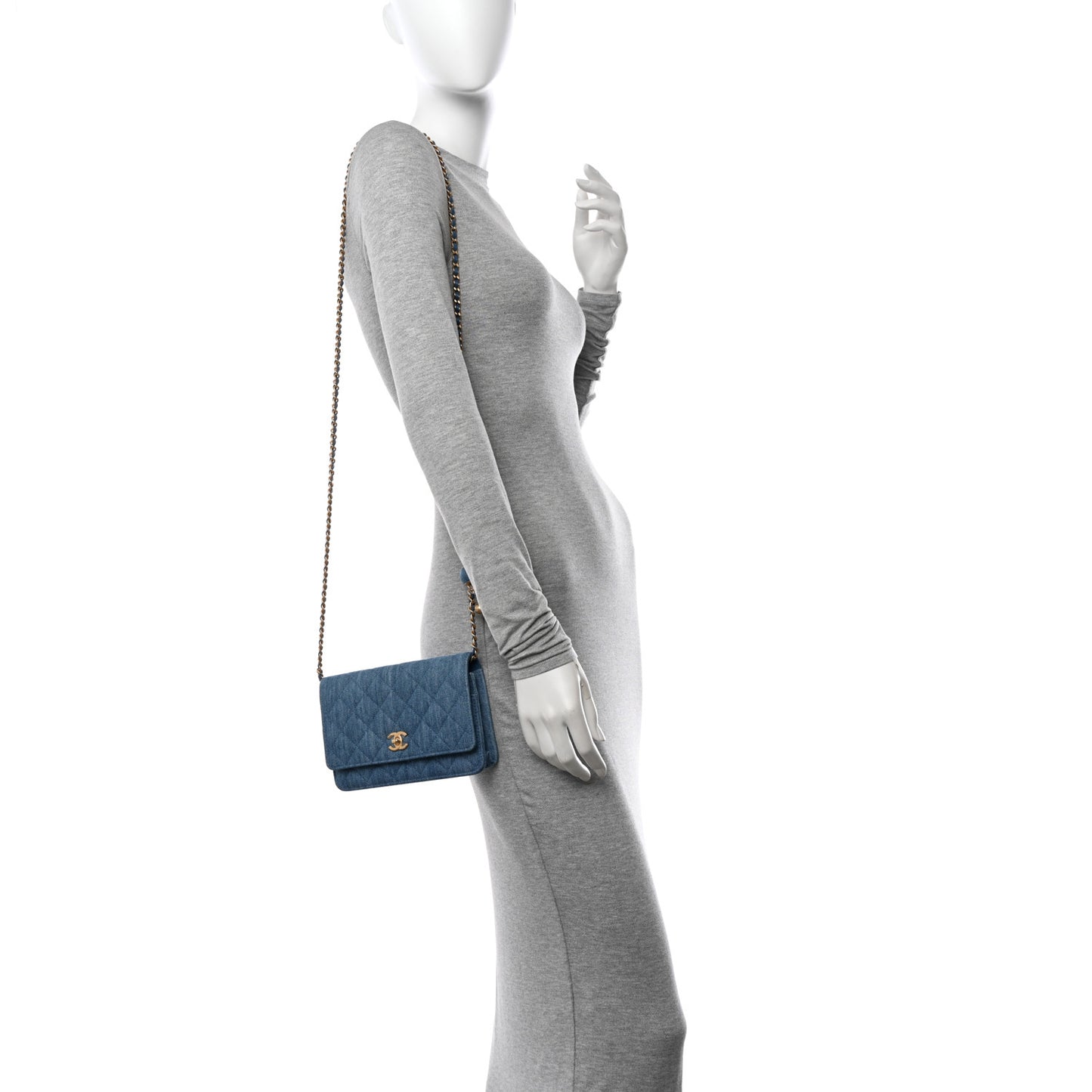 Denim Quilted CC Pearl Crush Wallet on Chain WOC Blue