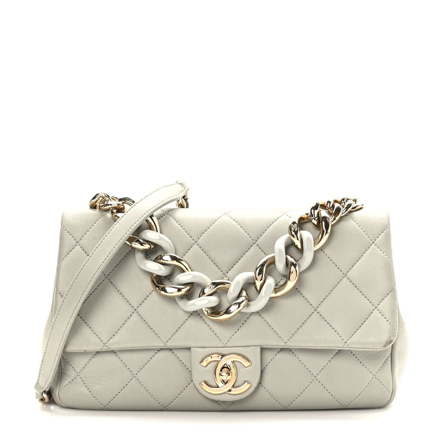 Lambskin Quilted Resin Bi-Color Chain Flap Bag Grey
