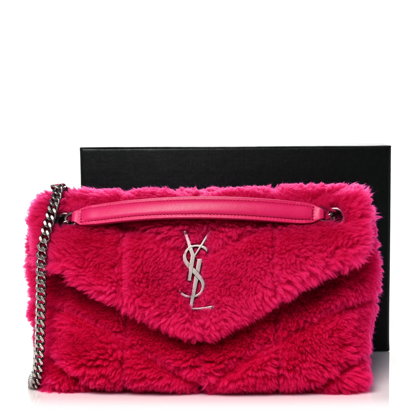 Merino Shearling Lambskin Quilted Small Loulou Puffer Monogram Chain Satchel Fuchsia