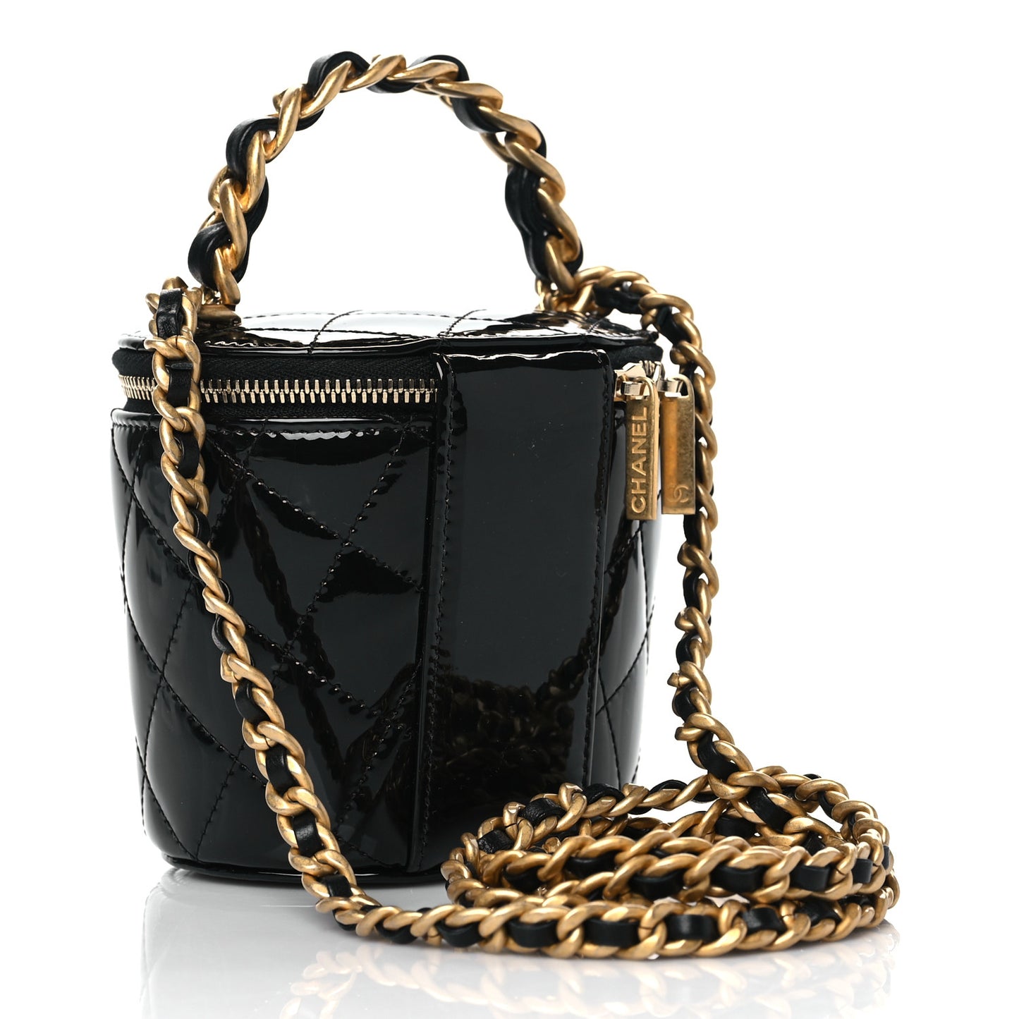 Patent Quilted Afternoon Tea Top Handle Vanity Case With Chain Black