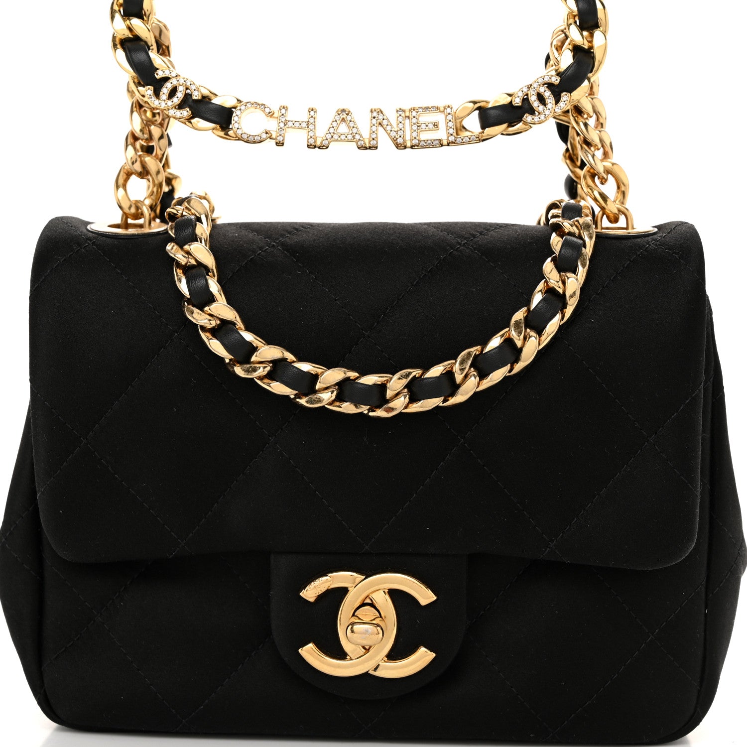 Chanel Satin Quilted Mini Logo Flap With Handle Black 8 of 10
