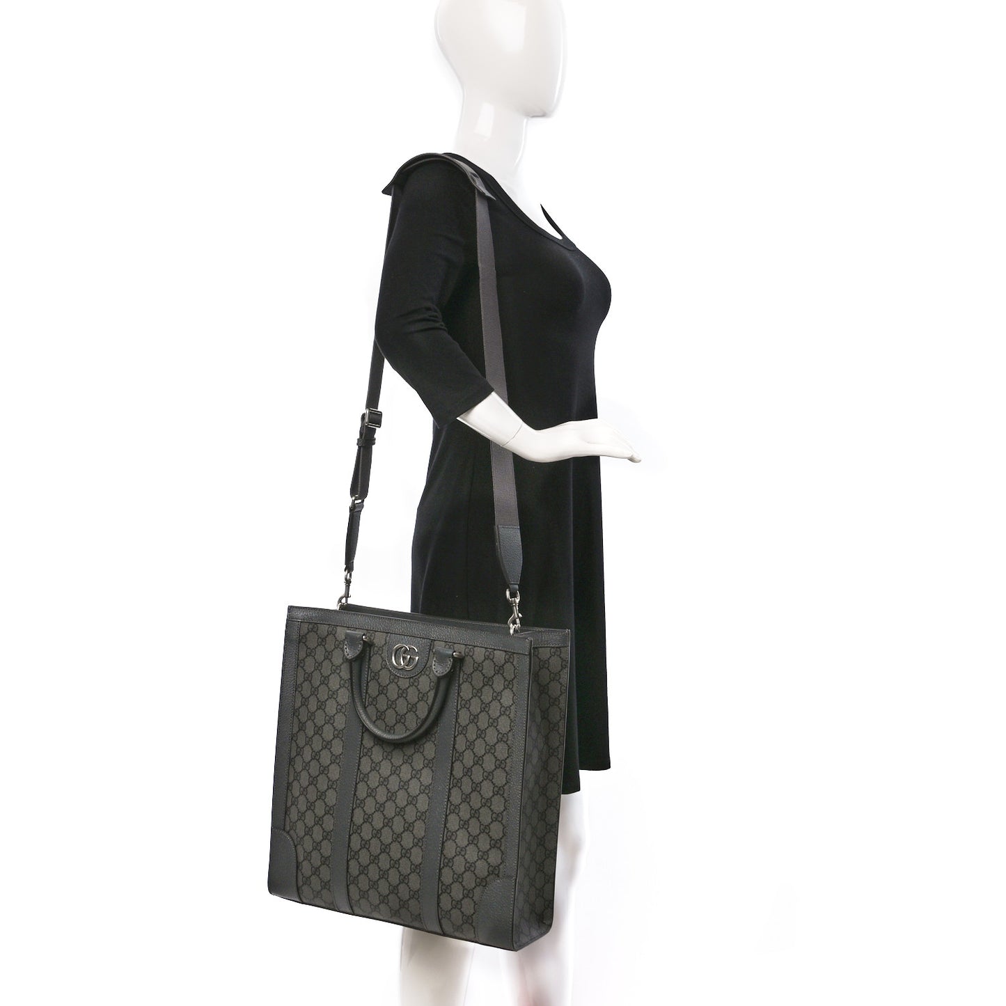 GG Supreme Monogram Textured Dollar Calfskin Medium Ophidia Tote Grey Black Graphite Grey
