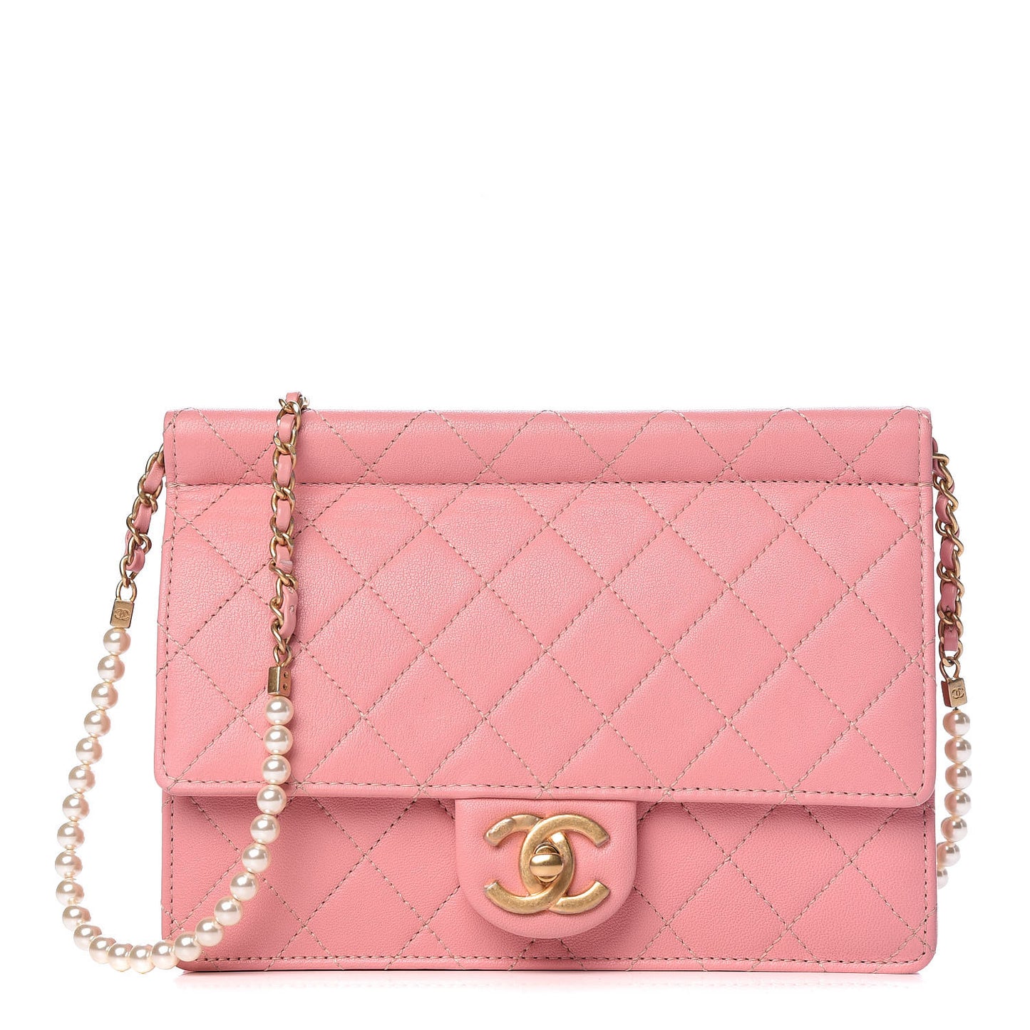 Lambskin Quilted Pearl Chain Flap Bag Pink