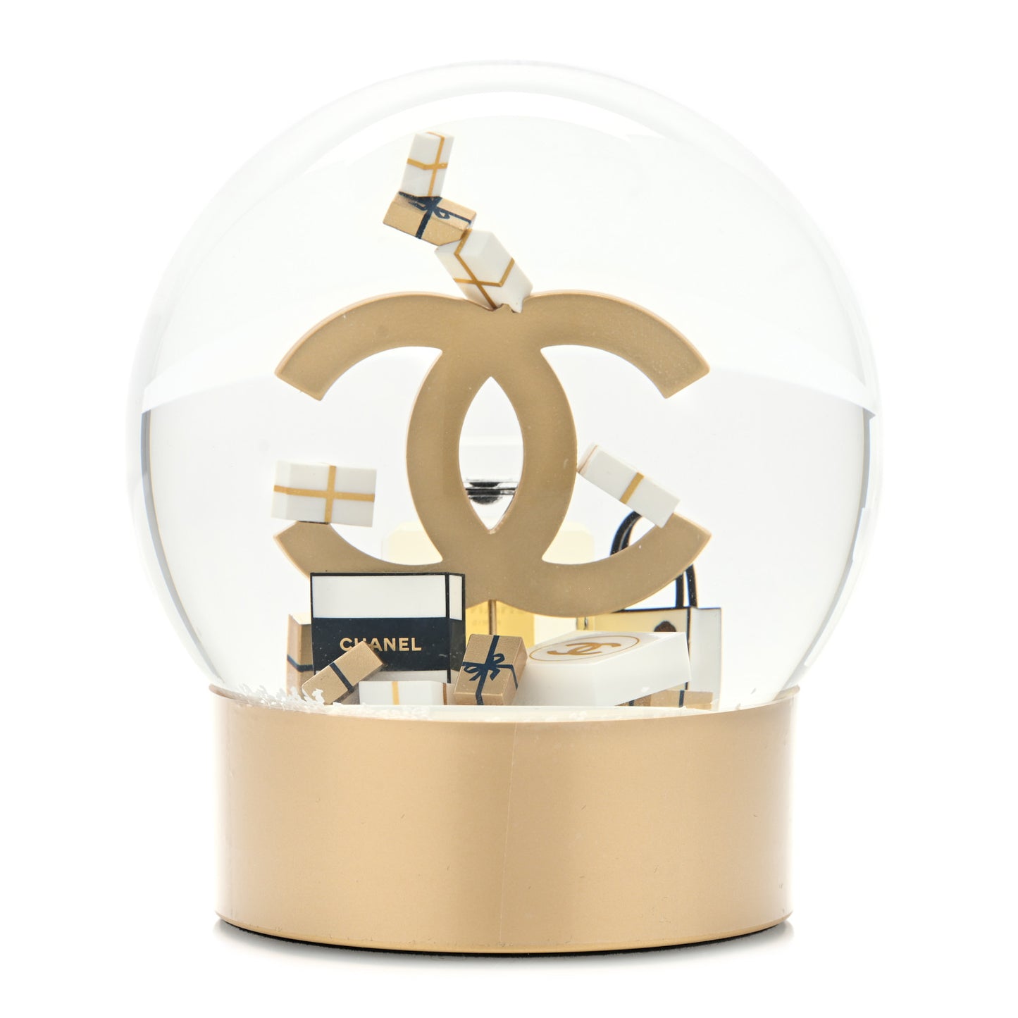 Glass CC Shopping Bag Snow Globe Gold