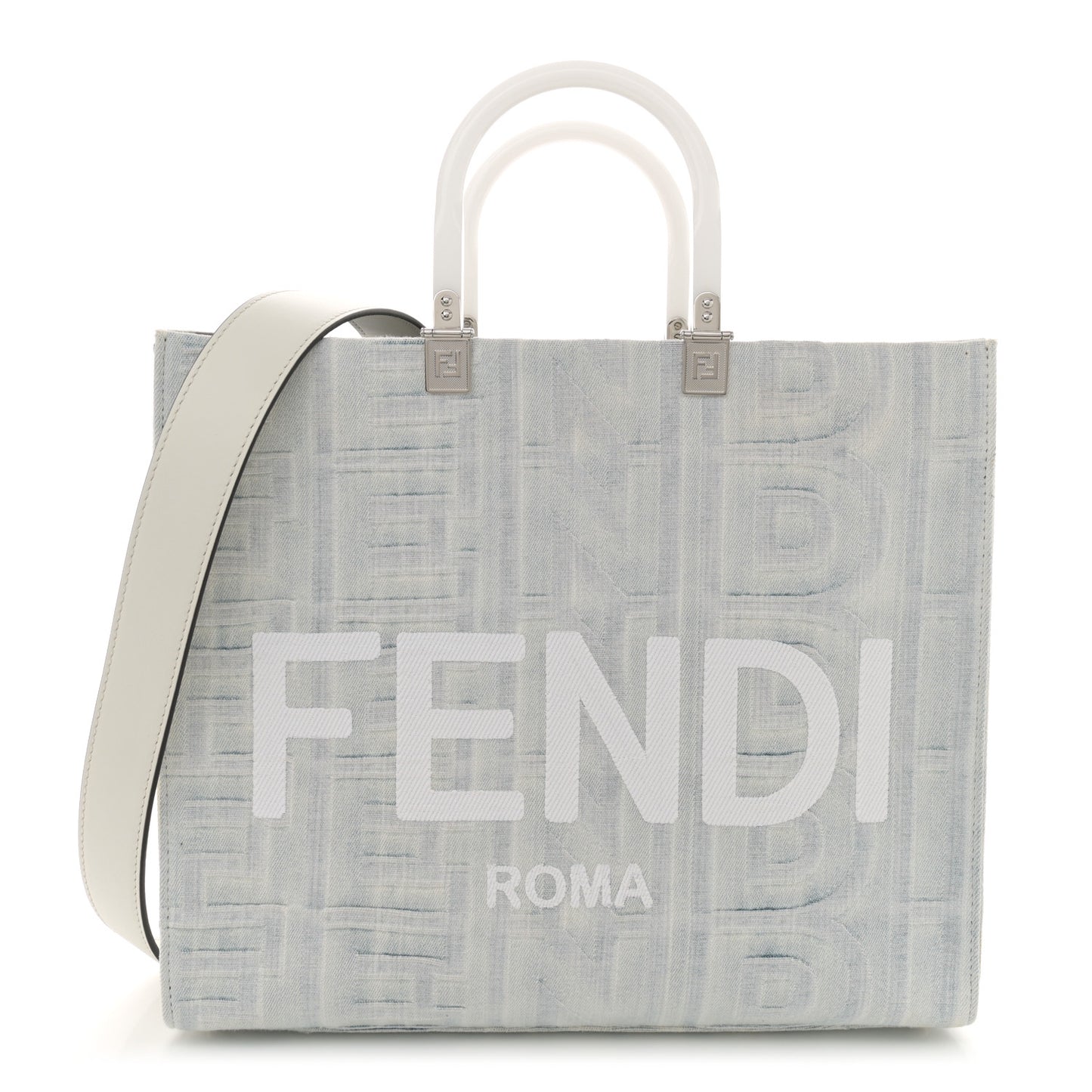 X MARC JACOBS Bleached Denim Vitello King Plexiglass Logo Medium Sunshine Shopper Tote Off White
