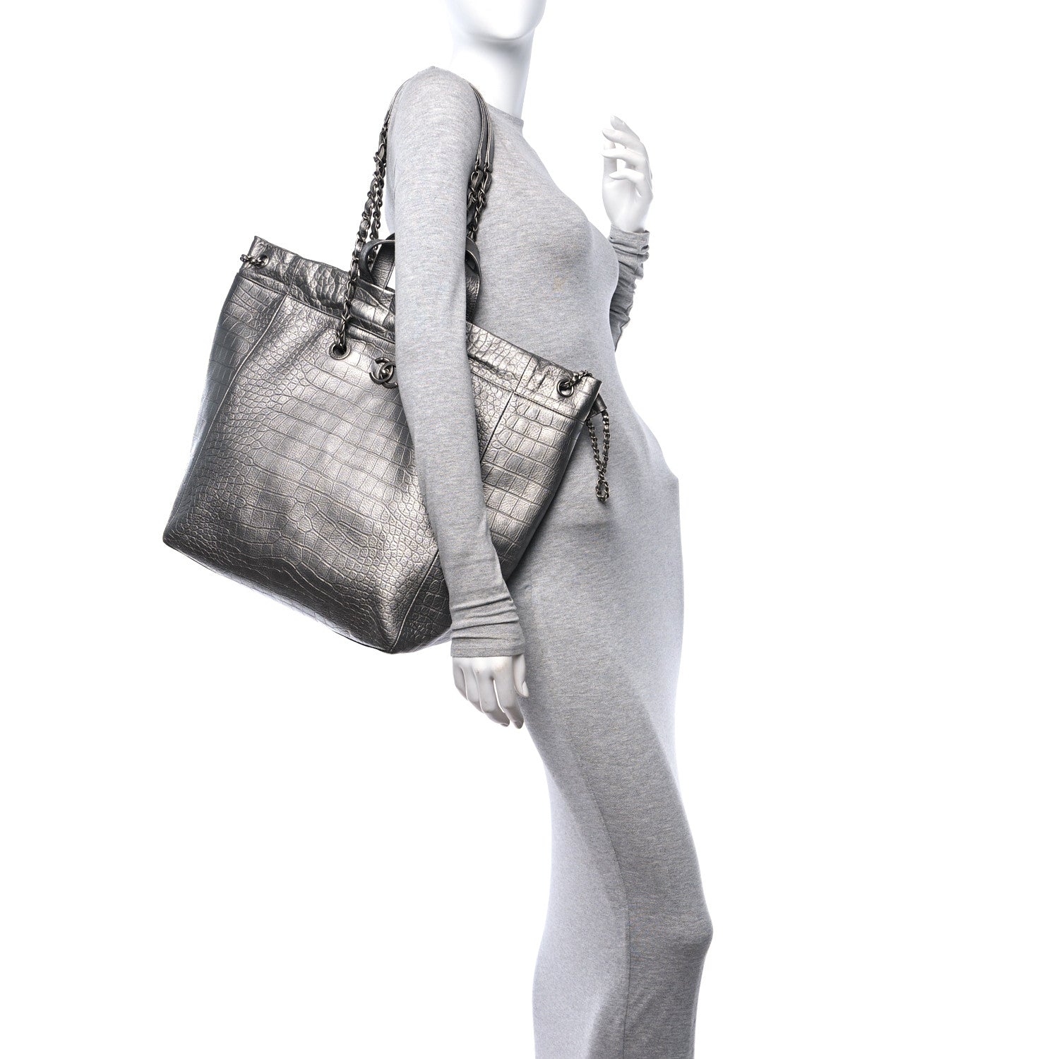 Chanel Calfskin Crocodile Embossed Large Cocodile Shopping Tote Silver 2 of 10